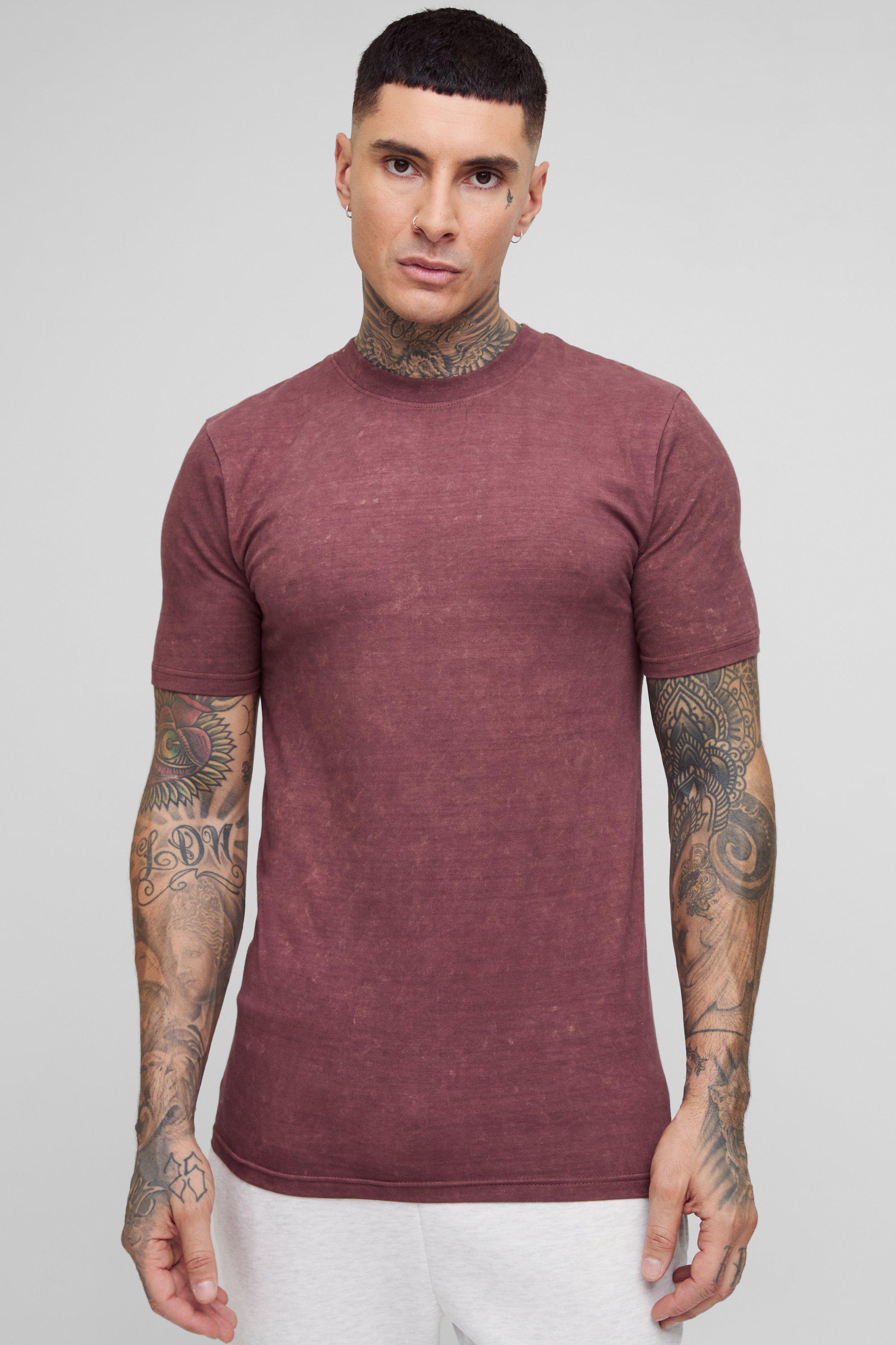 Mens Brown Tall Washed Muscle Fit T-shirt in Chocolate, Brown