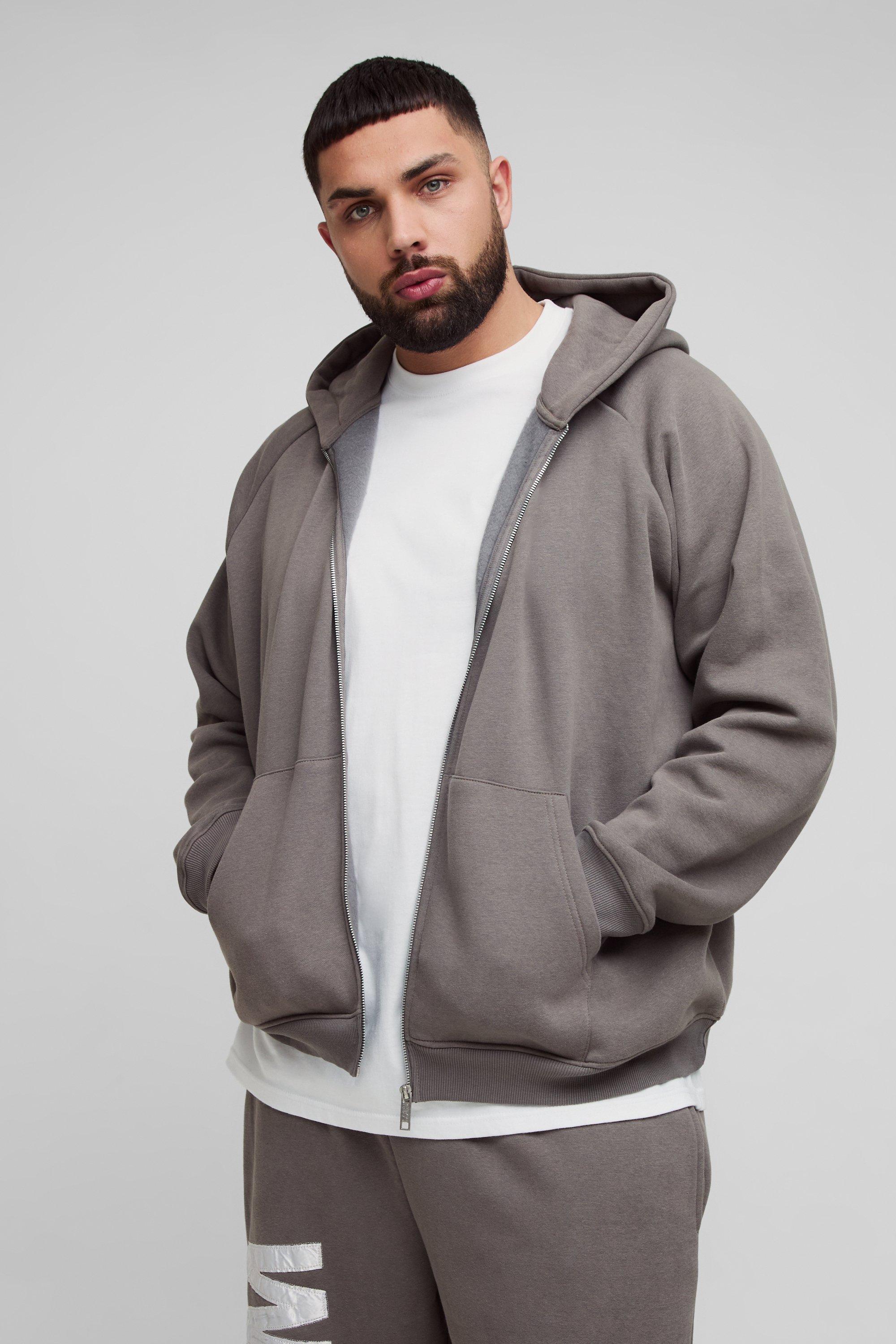 Mens Grey Plus Oversized Raglan Satin Applique WRLDWD Zip Thru Hoodie, Grey