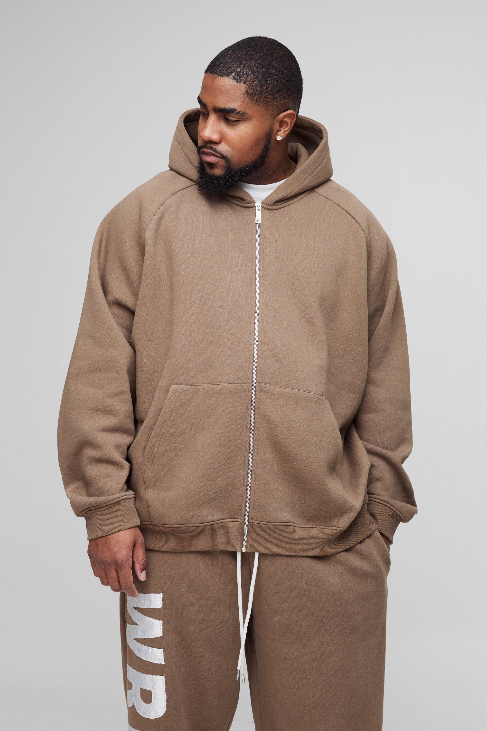 Mens Brown Plus Oversized Raglan Satin Applique WRLDWD Zip Thru Hoodie, Brown