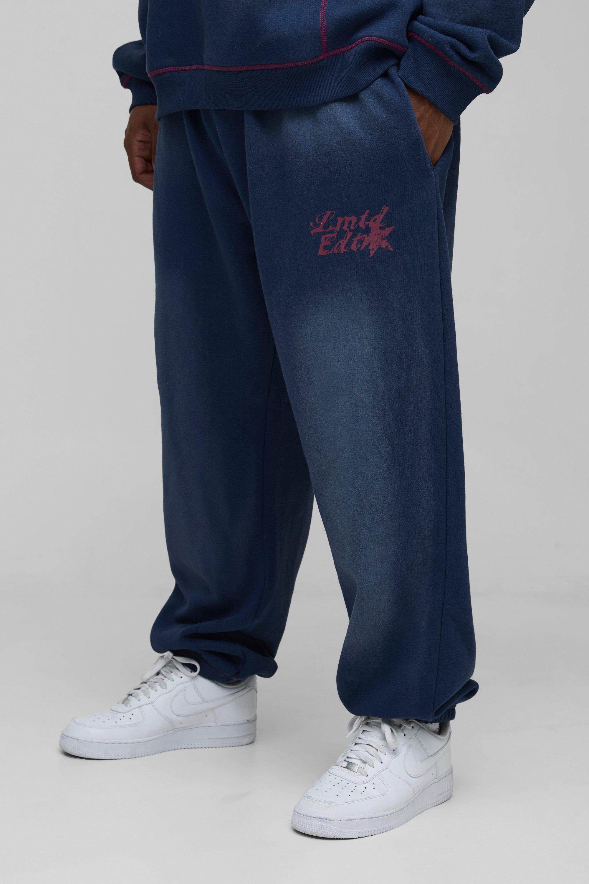 Plus Oversized Contrast Stitch Limited Spray Wash Jogger, Navy