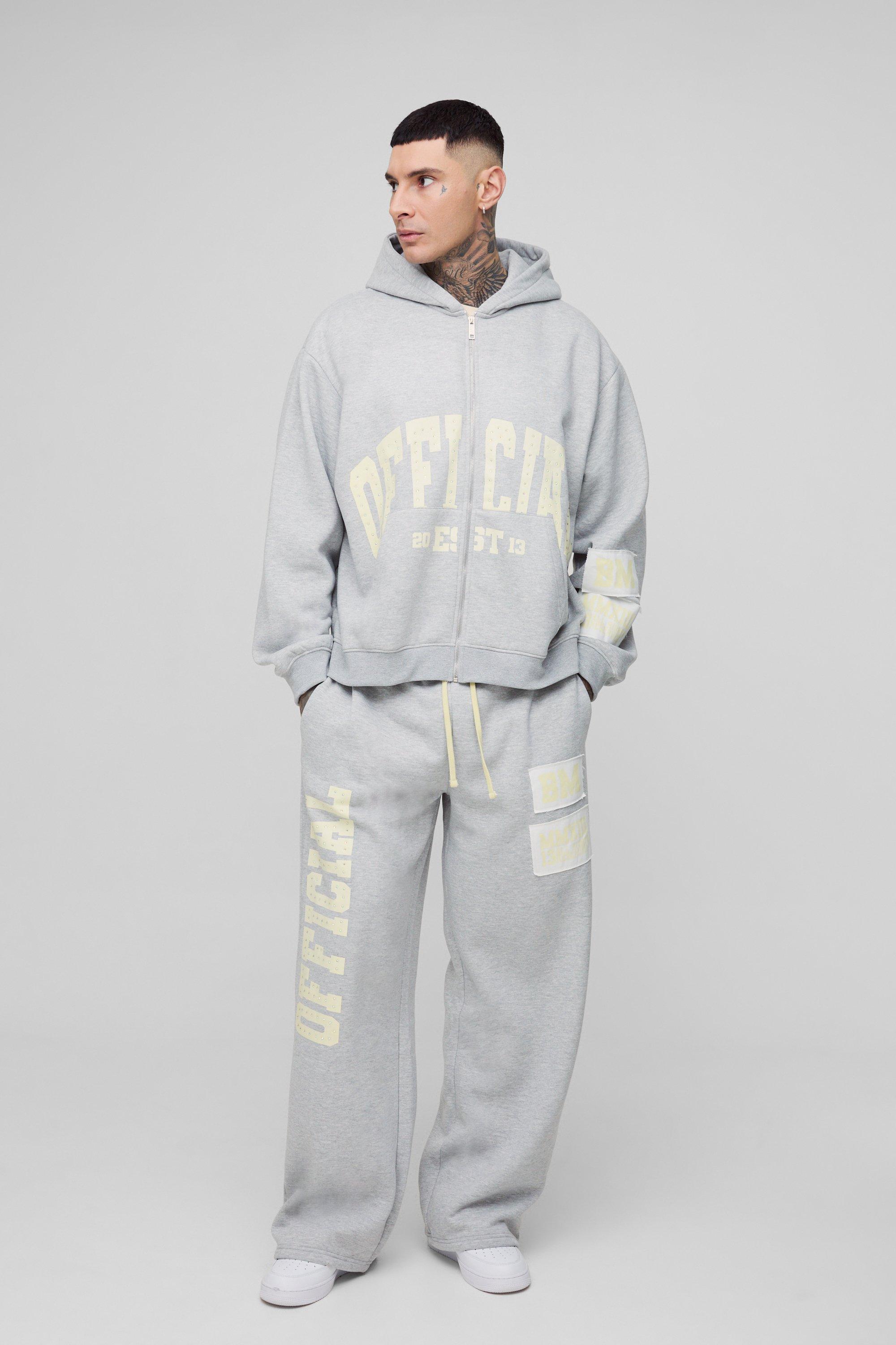 Mens Grey Tall Oversized Boxy Zip Thru Rhinestone Applique Hooded Tracksuit, Grey