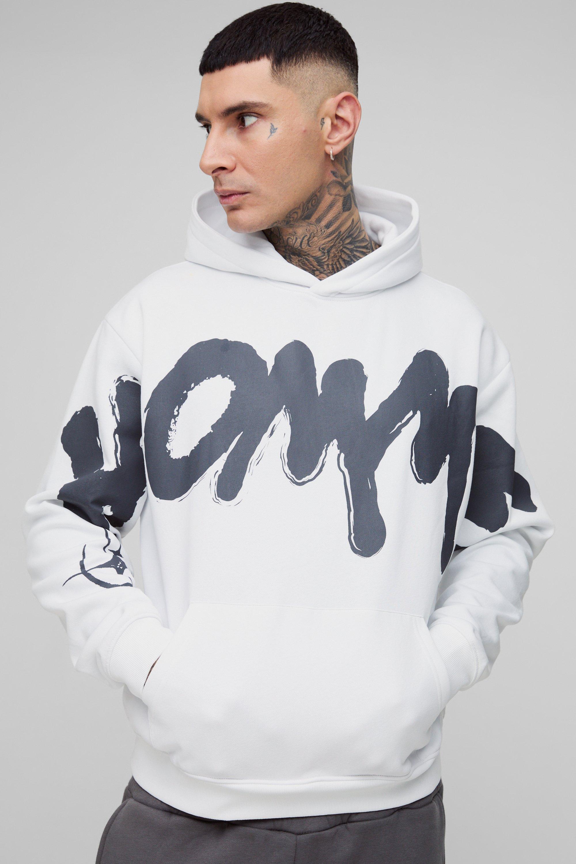 Mens White Tall Oversized Boxy Homme Graffiti Print Hoodie, White