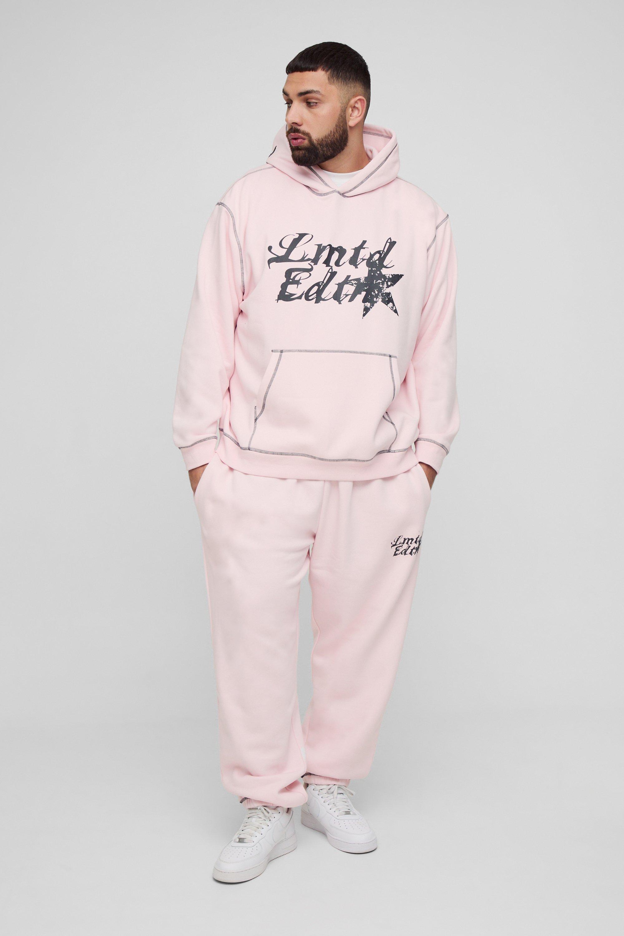 Mens Pink Plus Oversized Boxy Contrast Stitch Lmted Hooded Tracksuit, Pink