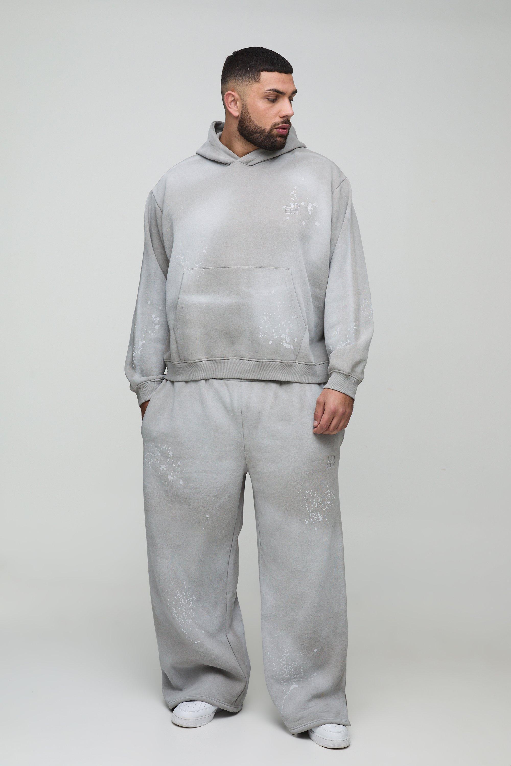 Mens Grey Plus Oversized Embroidered Spray Wash Wide Fit Boxer Jogger Tracksuit, Grey