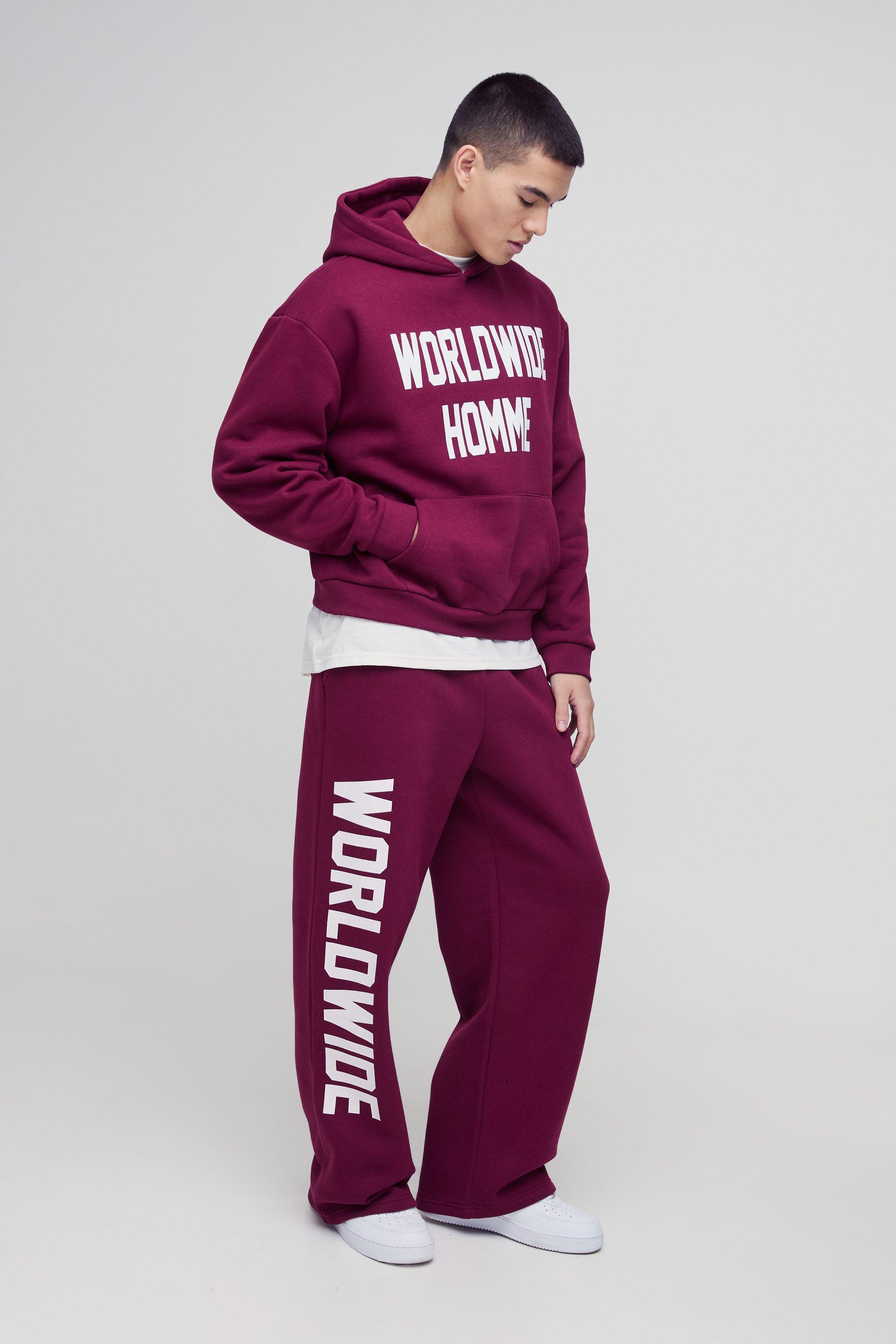 Tuta sportiva squadrata oversize con stampa Worldwide e cappuccio, Rosso