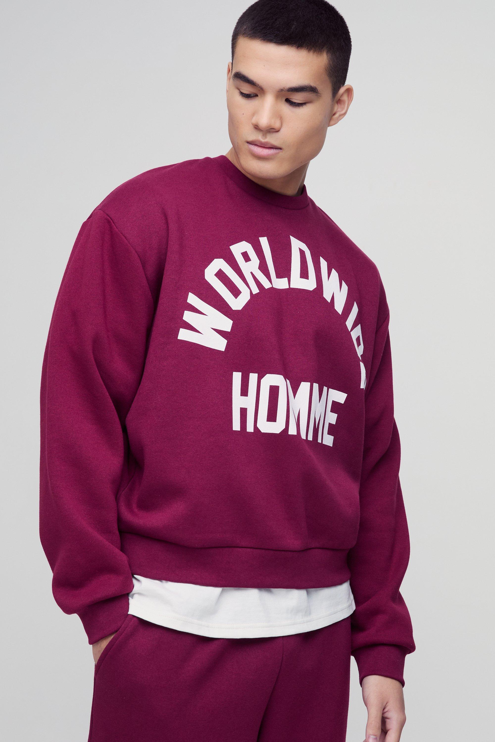 Felpa squadrata oversize con stampa Worldwide, Rosso