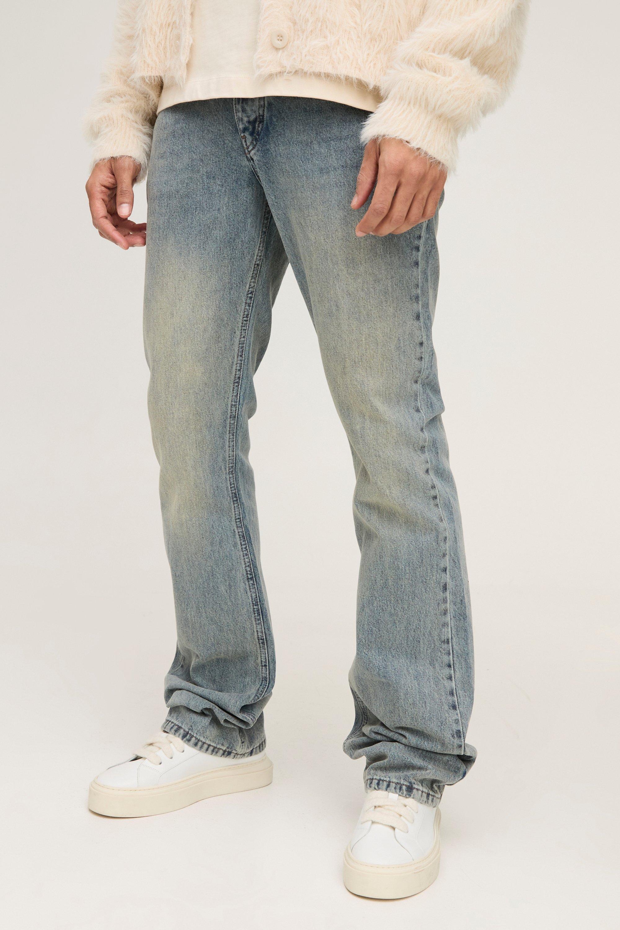 Mens Blue Slim Flared Stacked Washed Jeans, Blue