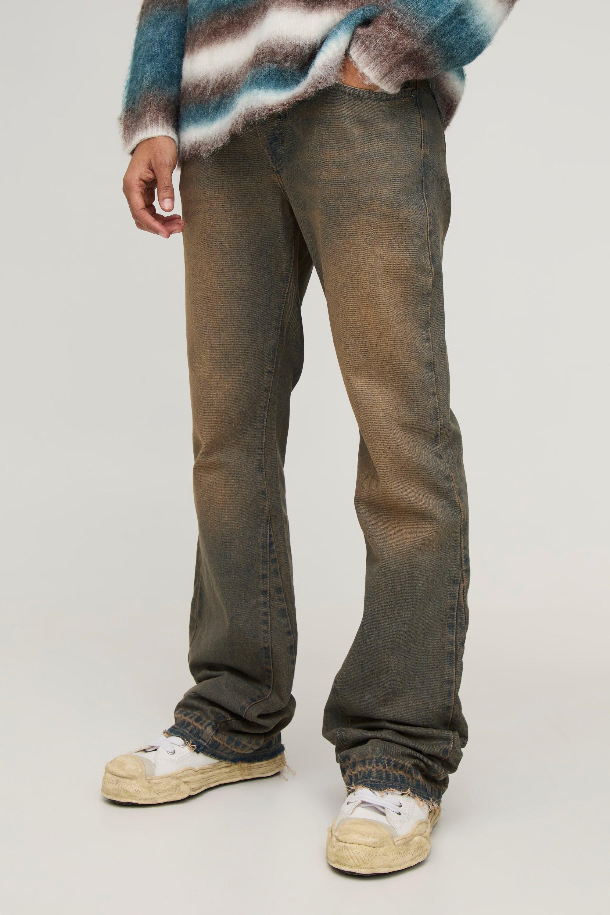 Mens Green Slim Flared Stacked Tonal Gusset Jeans, Green