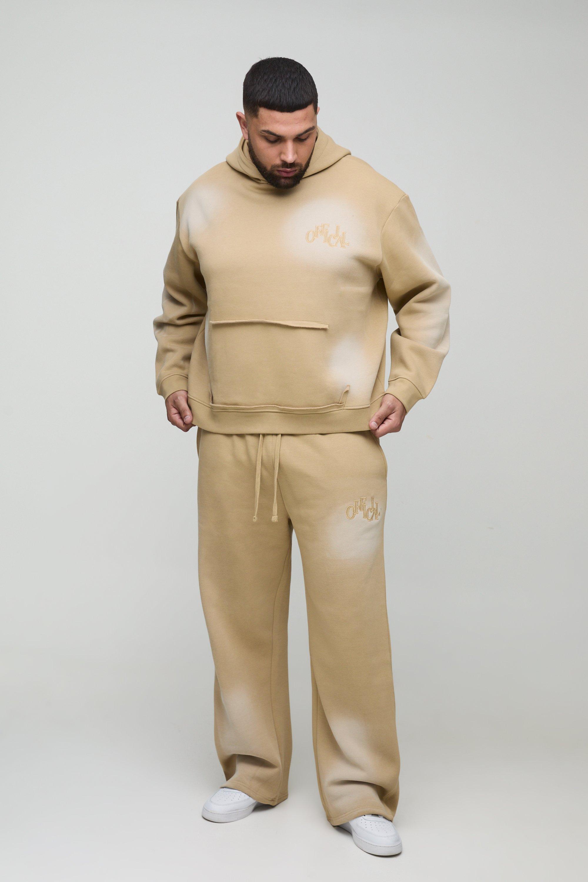 Tuta sportiva Plus Size squadrata oversize a effetto smagliato con applique in lavaggio spray e cappuccio, Beige