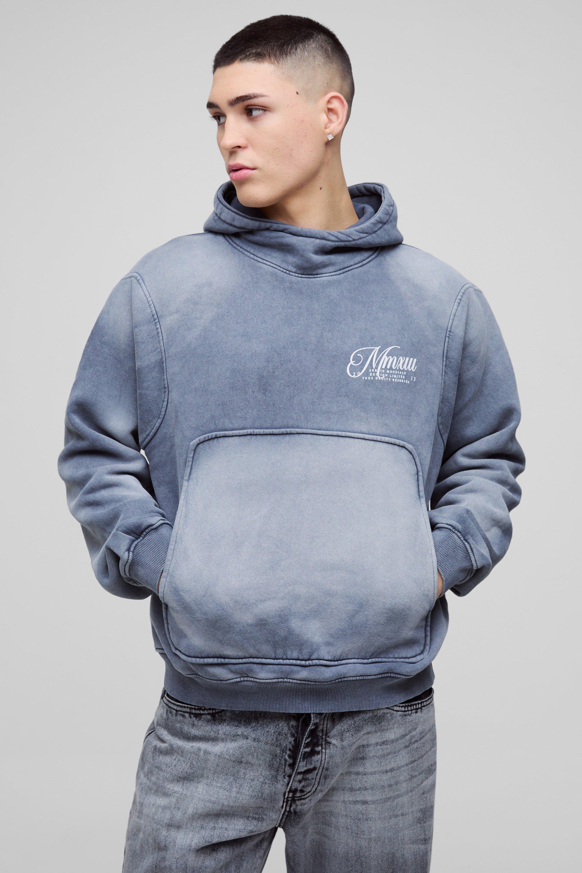 Mens Grey Oversized Boxy Funnel Neck Seam Detail Hoodie, Grey