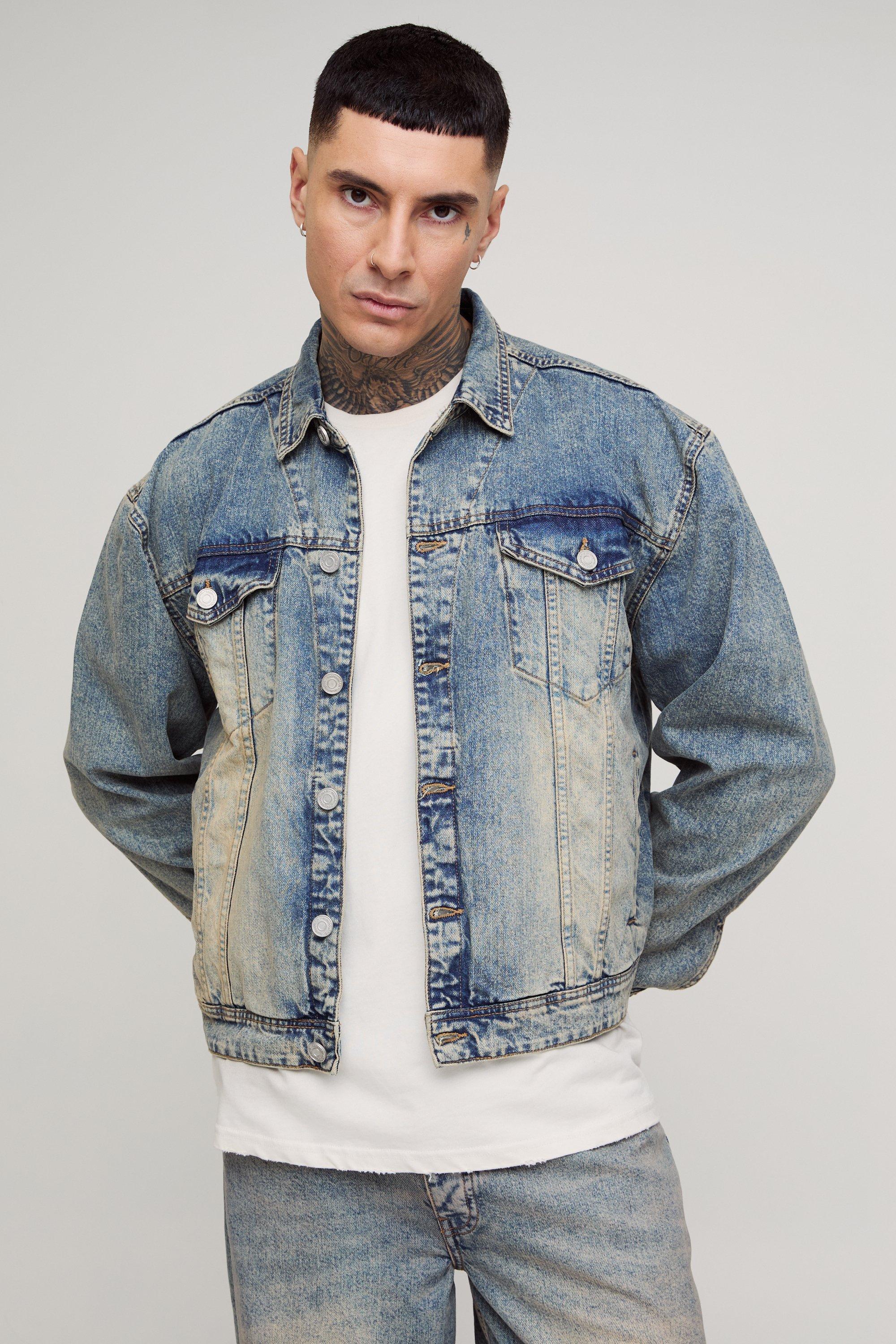 Mens Blue Tall Stonewash Boxy Oversized Denim Jacket, Blue