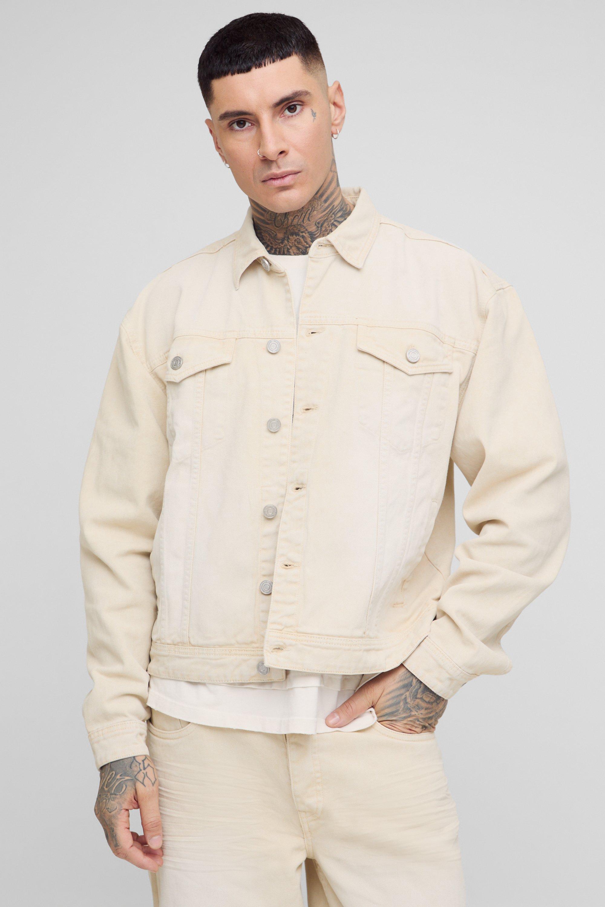 Mens Beige Tall Washed Boxy Oversized Denim Jacket, Beige