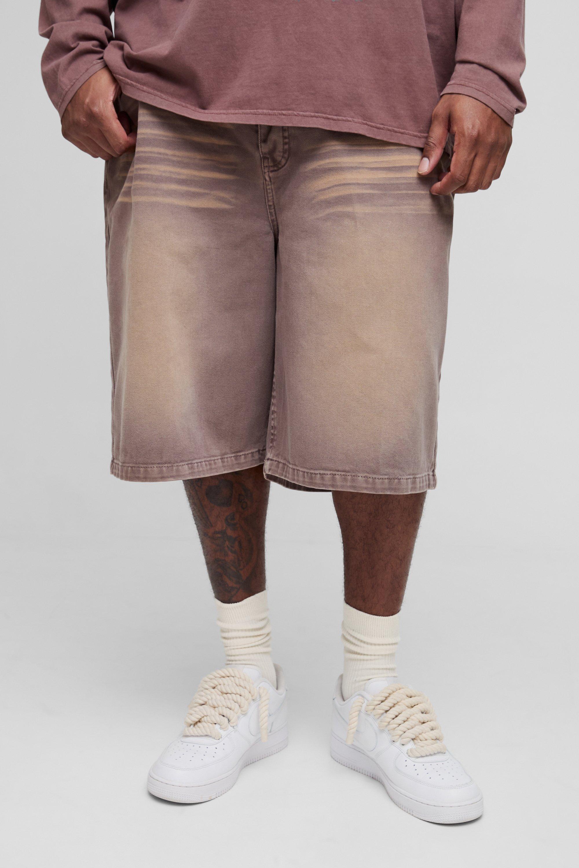 Mens Brown Plus Overdye Relaxed Fit Jorts, Brown