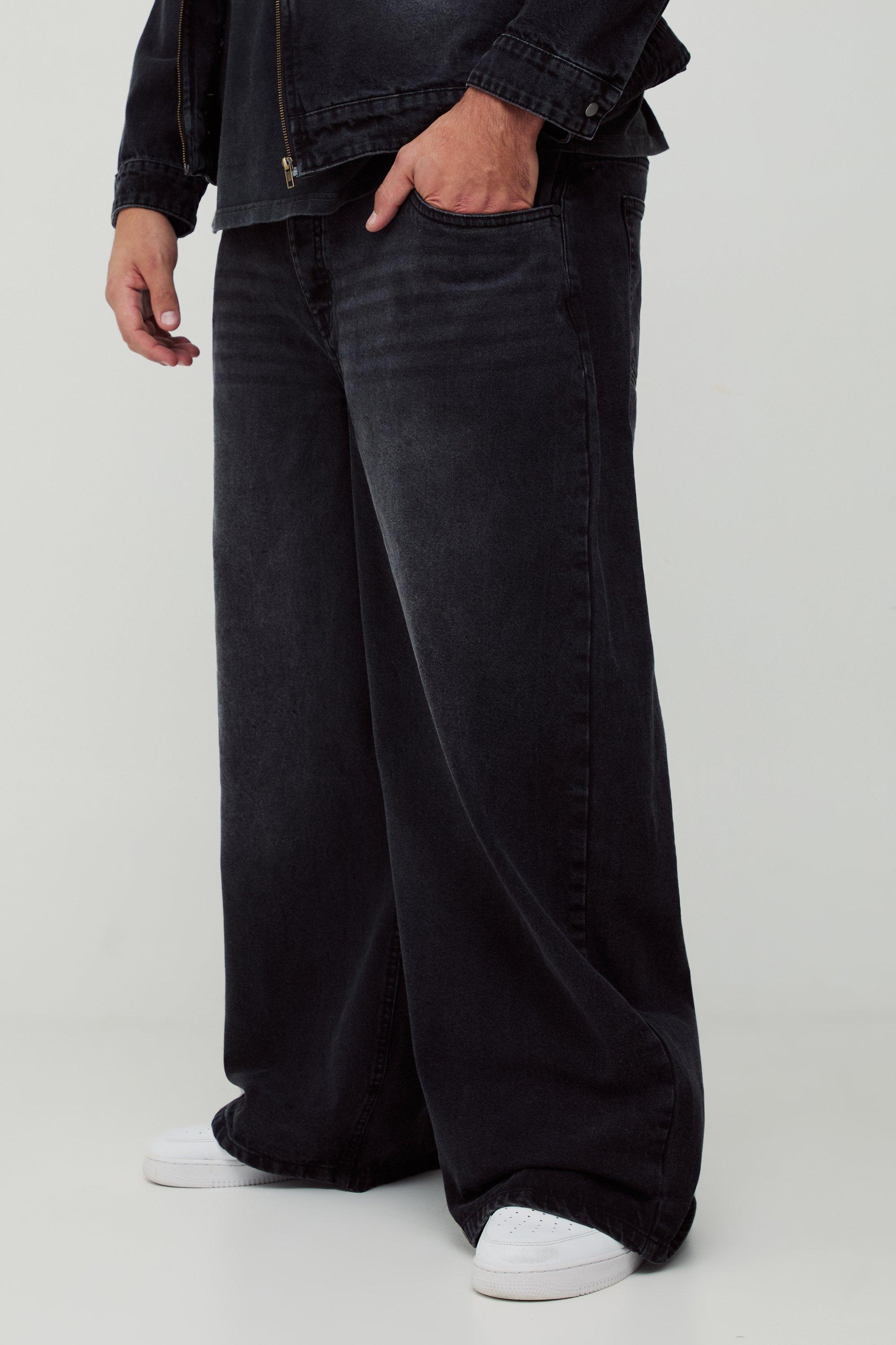 Mens Black Plus Tinted Wash Baggy Jeans, Black