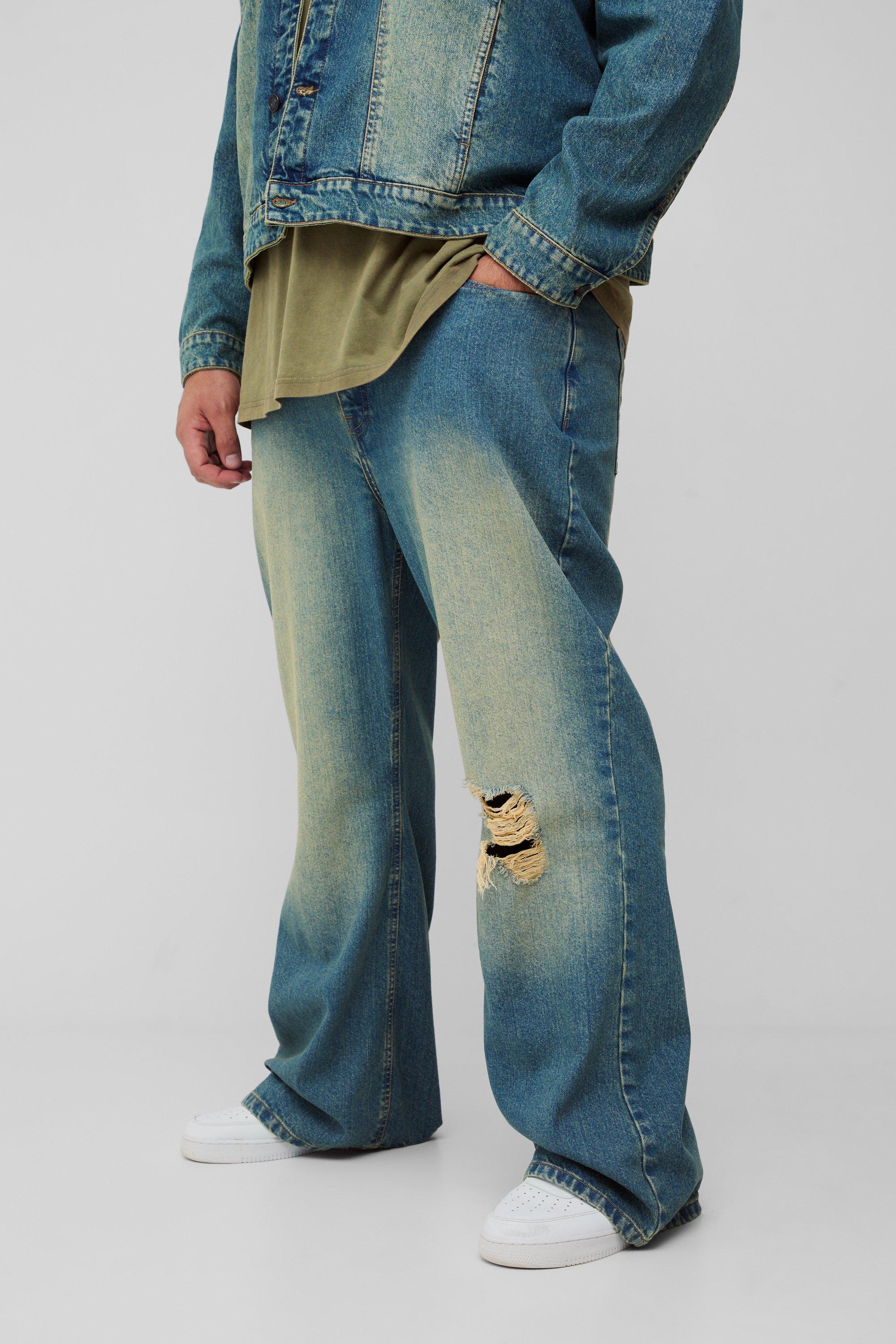 Jeans a zampa Plus Size in denim rigido con strappi colorati, Verde