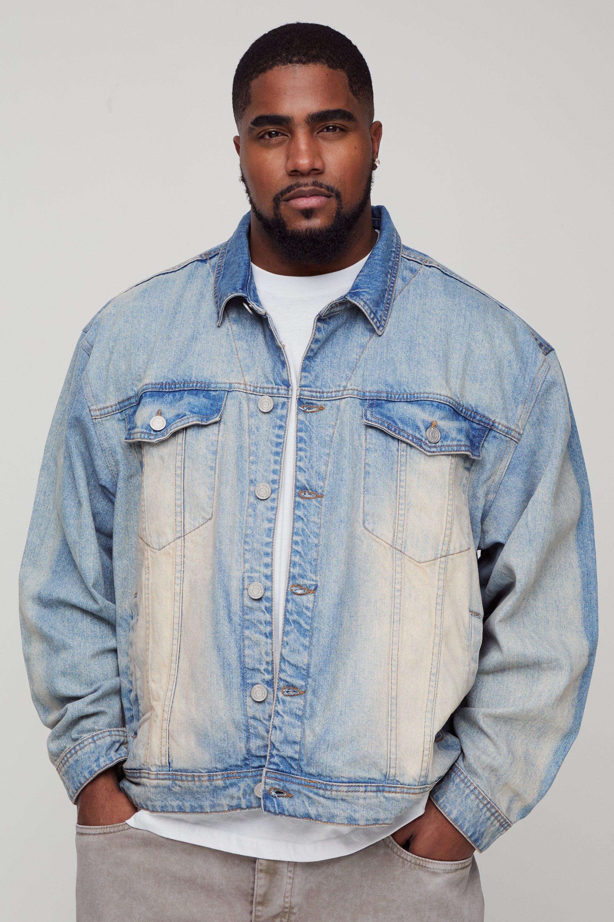 Mens Grey Plus Tinted Wash Oversized Denim Jacket, Grey