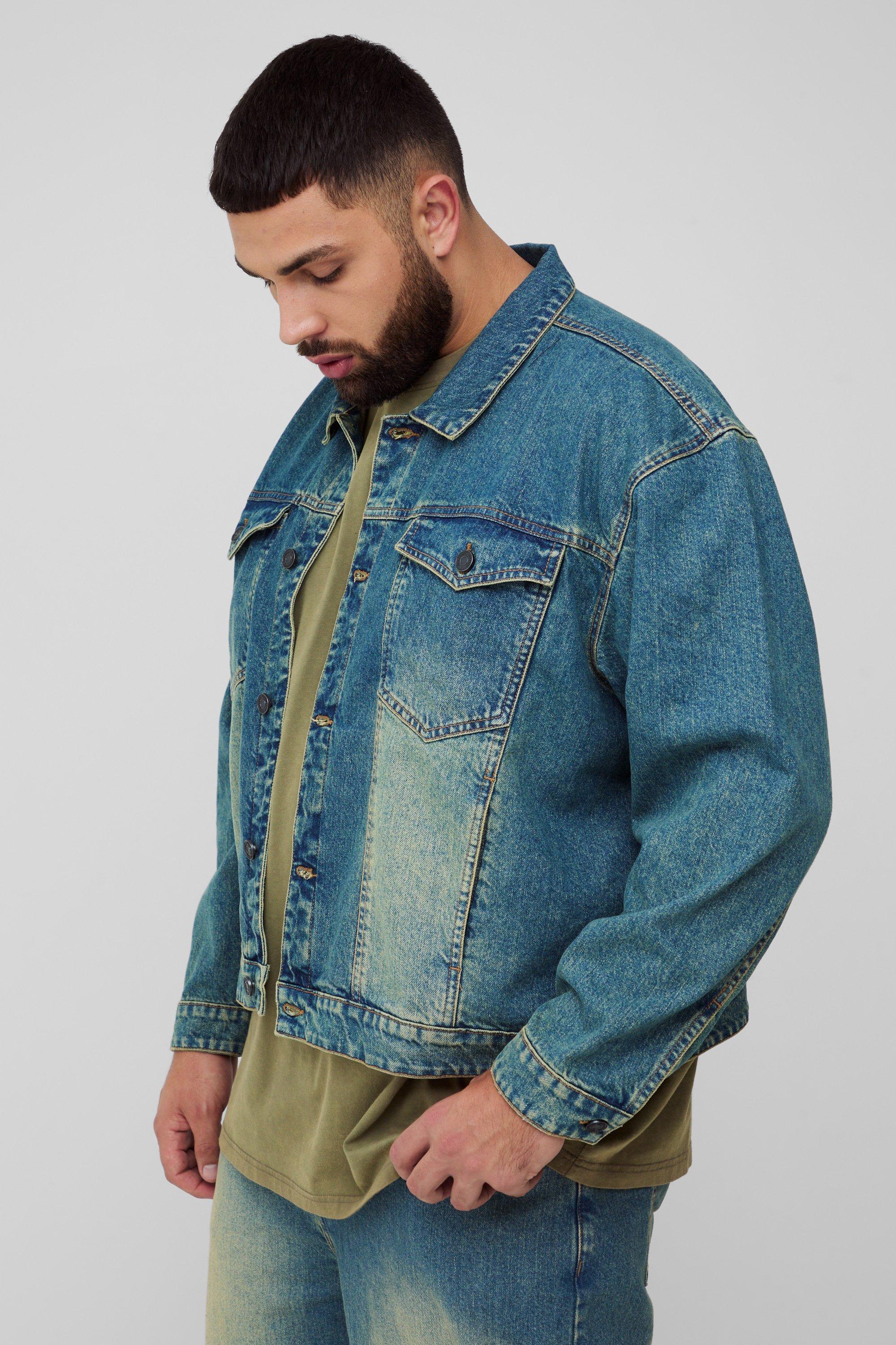 Giacca in denim squadrata Taglie Forti oversize in tinta unita con strappi, Verde