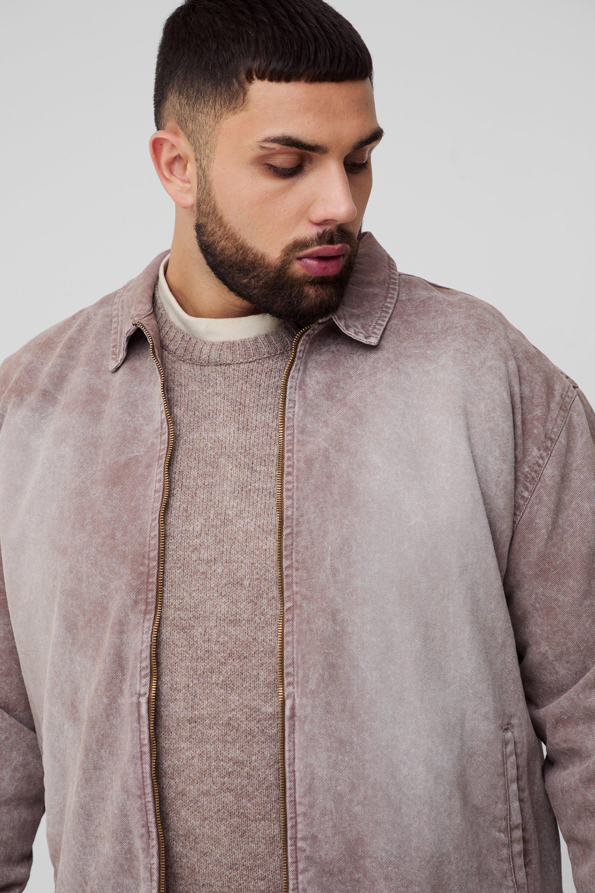 Mens Brown Plus Washed Zip Up Overshirt, Brown