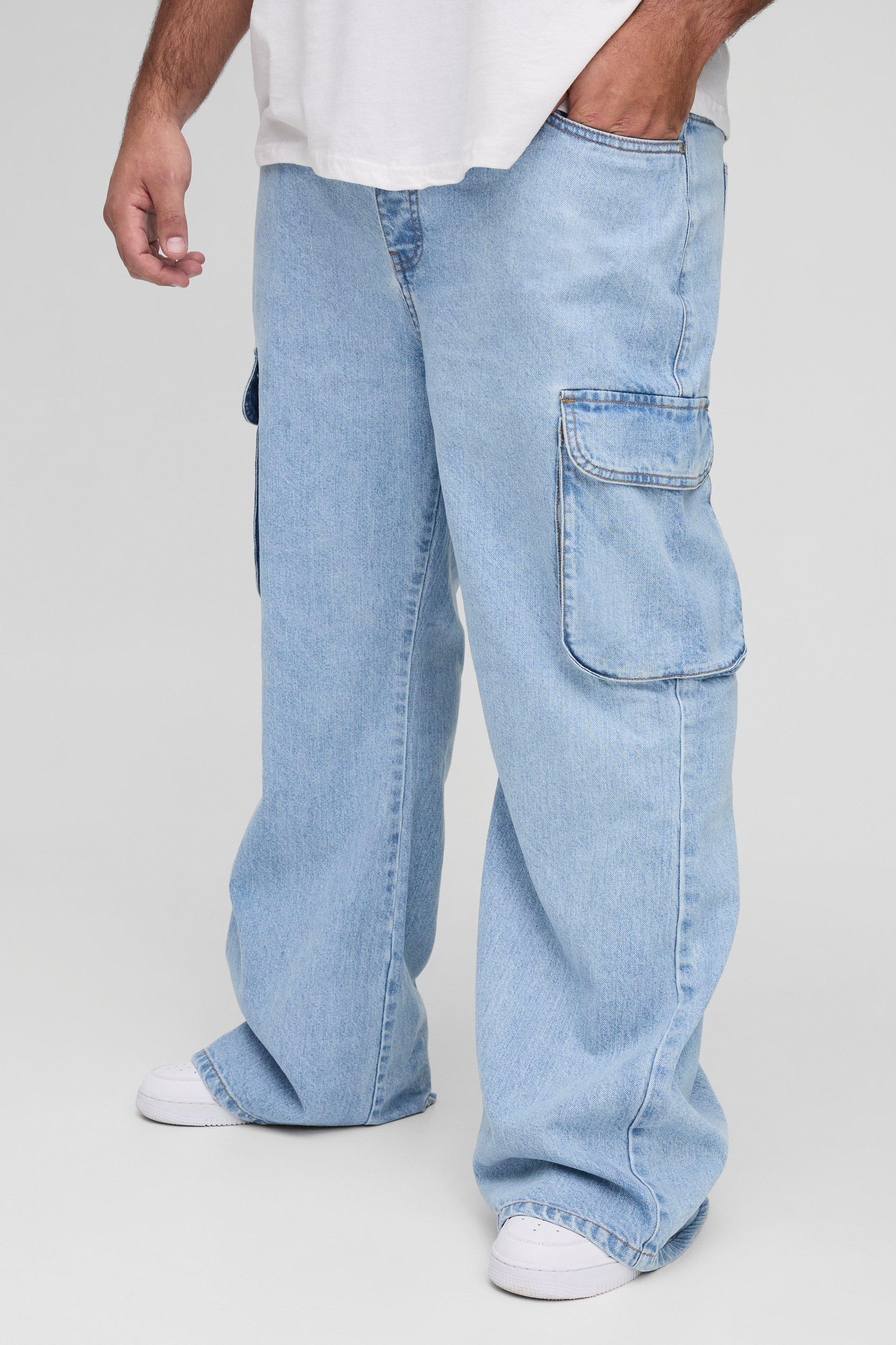 Mens Blue Plus Relaxed Rigid Flare Cargo Jeans, Blue