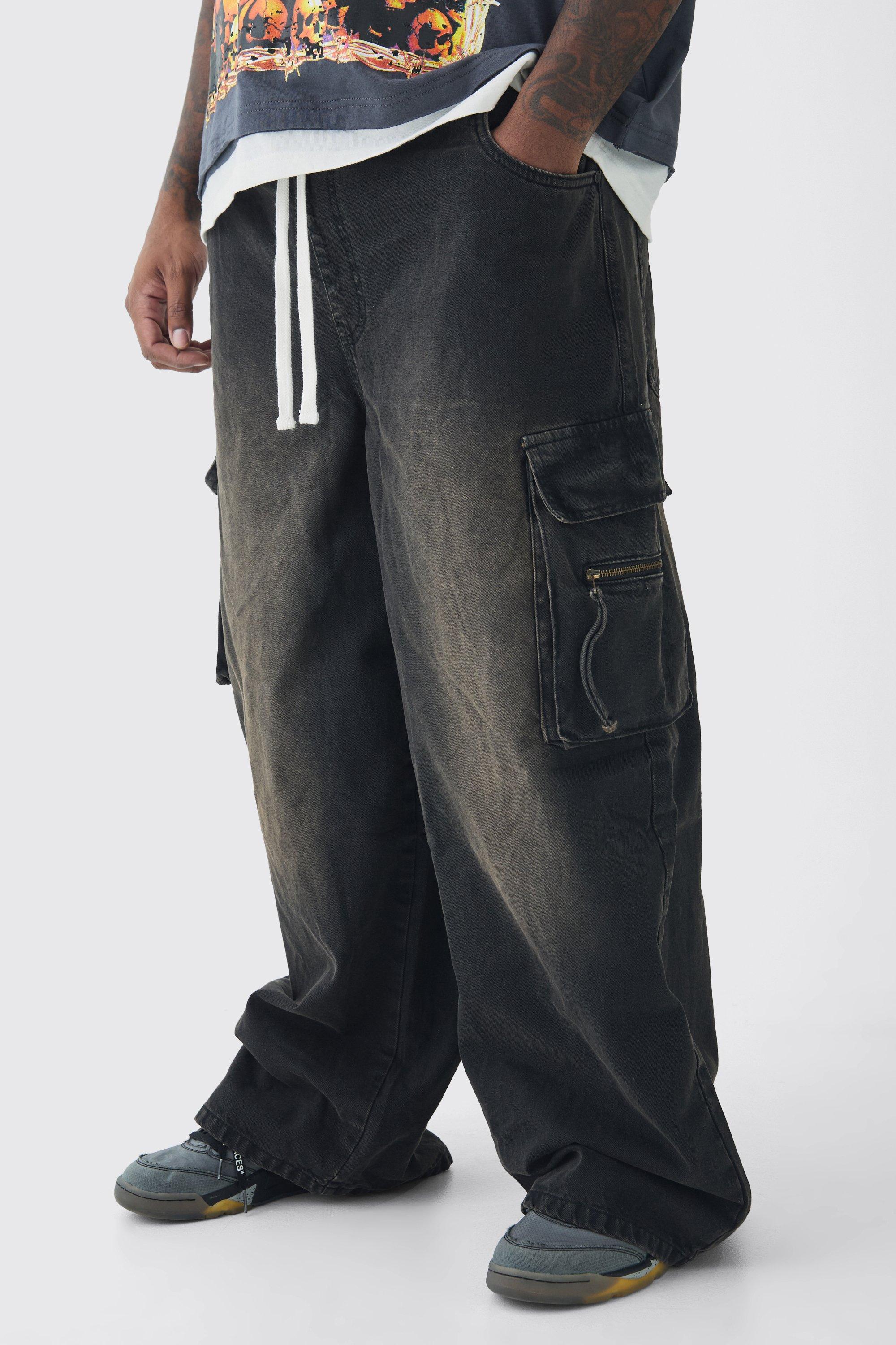Mens Brown Plus Baggy Rigid Cargo Jeans, Brown
