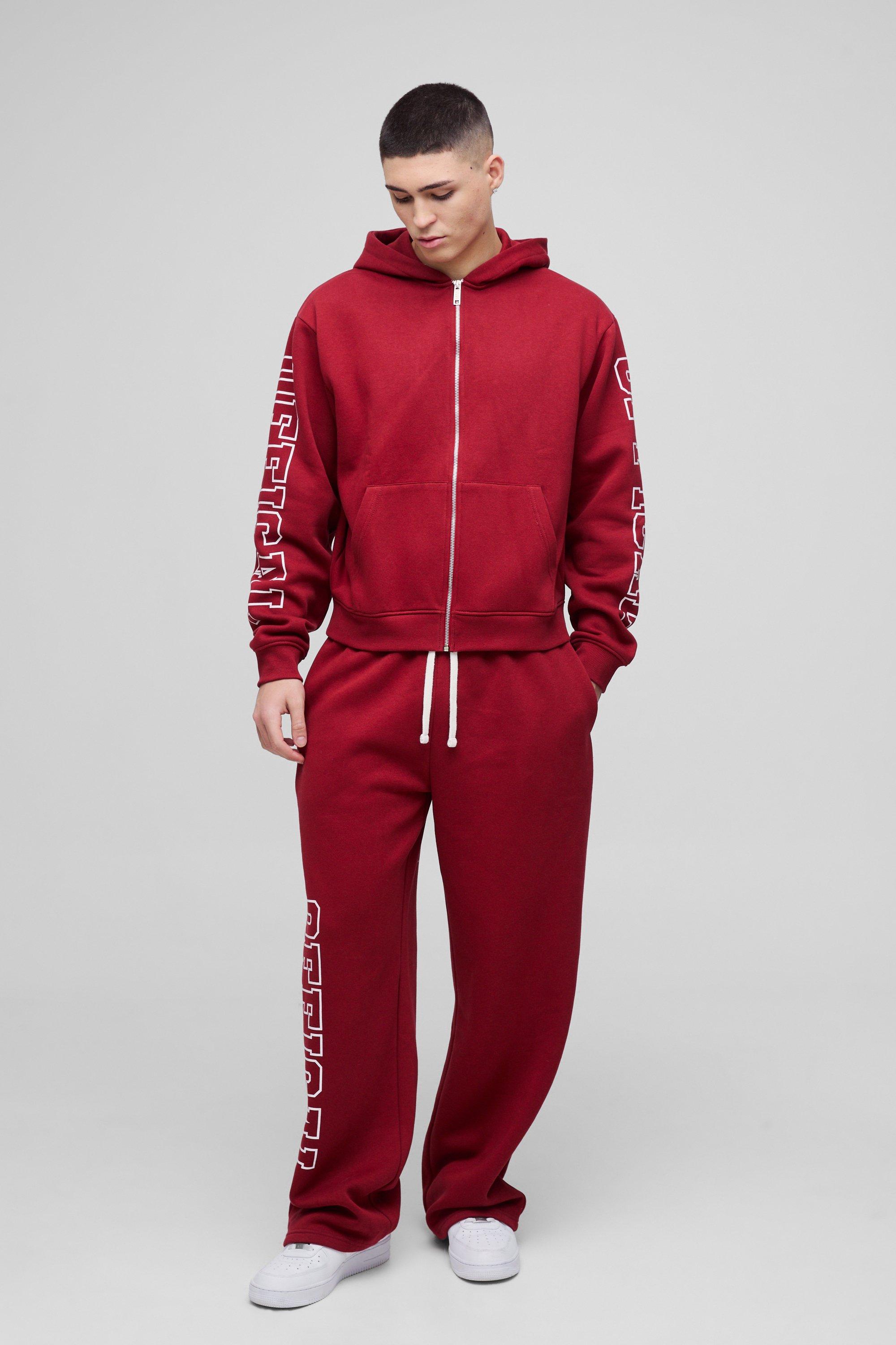 Mens Red Oversized Boxy Official Zip Through Hooded Tracksuit, Red