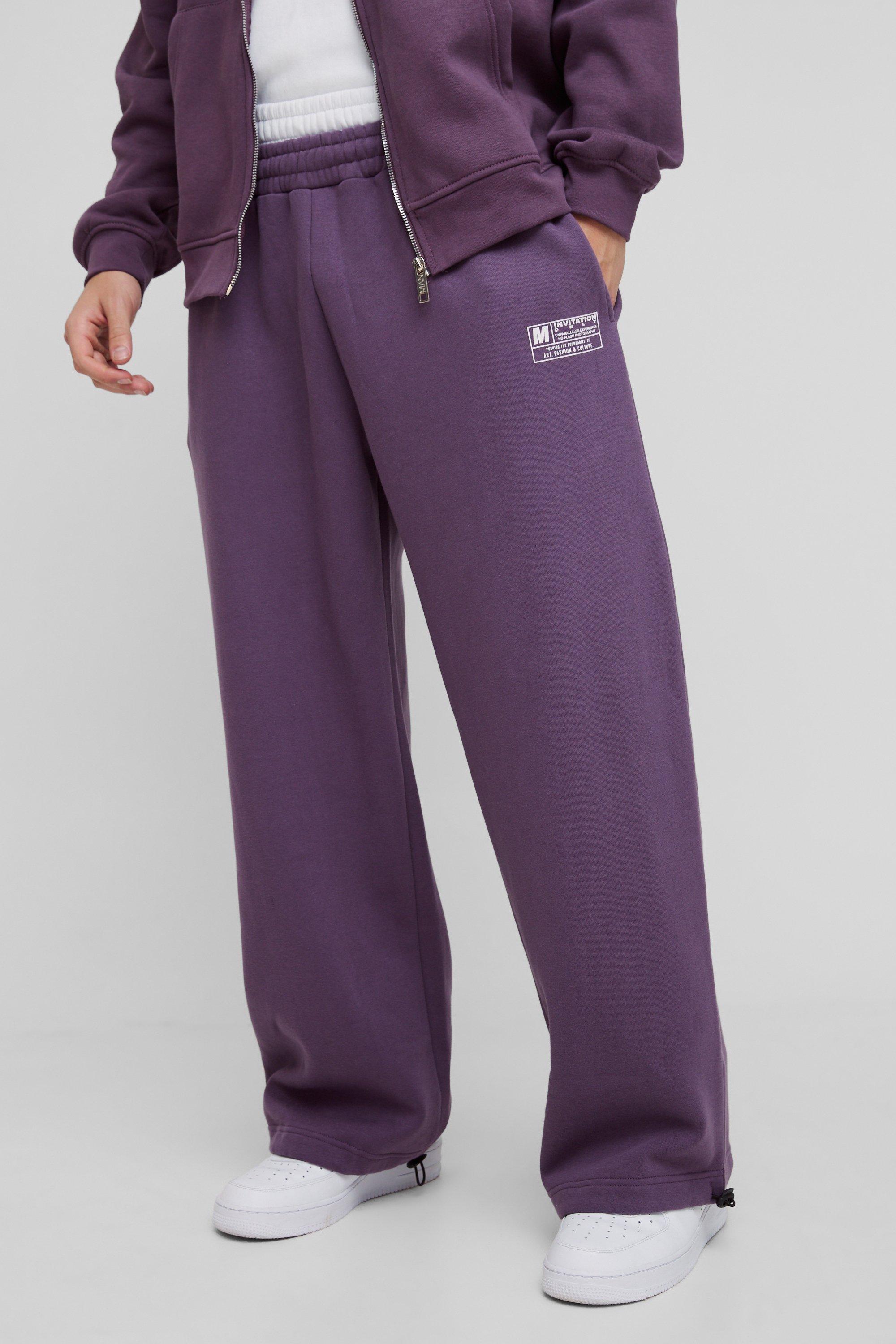 Mens Purple Wide Leg Tie Cuff Double Waistband Joggers, Purple