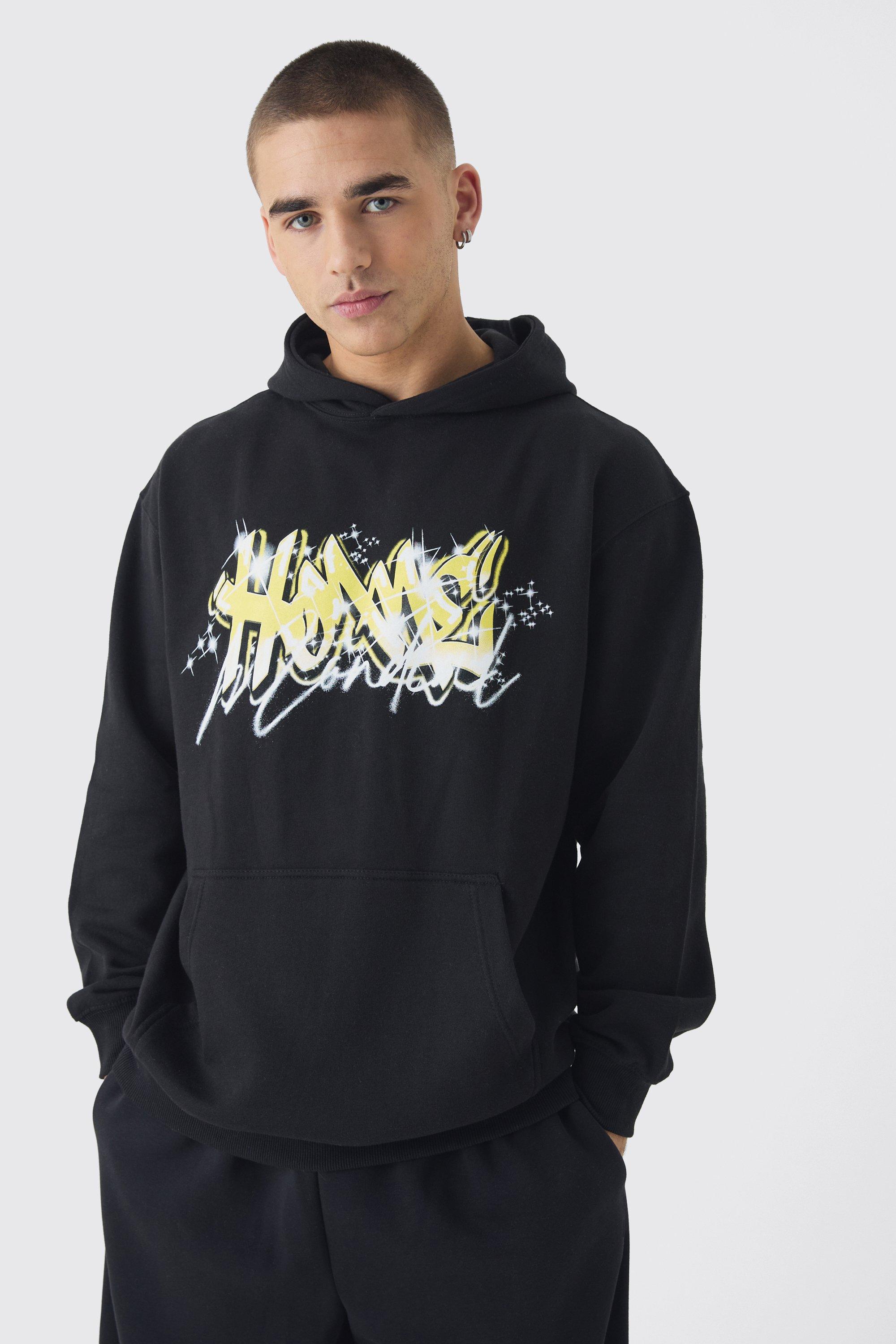 Felpa con grafica Homme stile Graffiti, zip e cappuccio, Nero