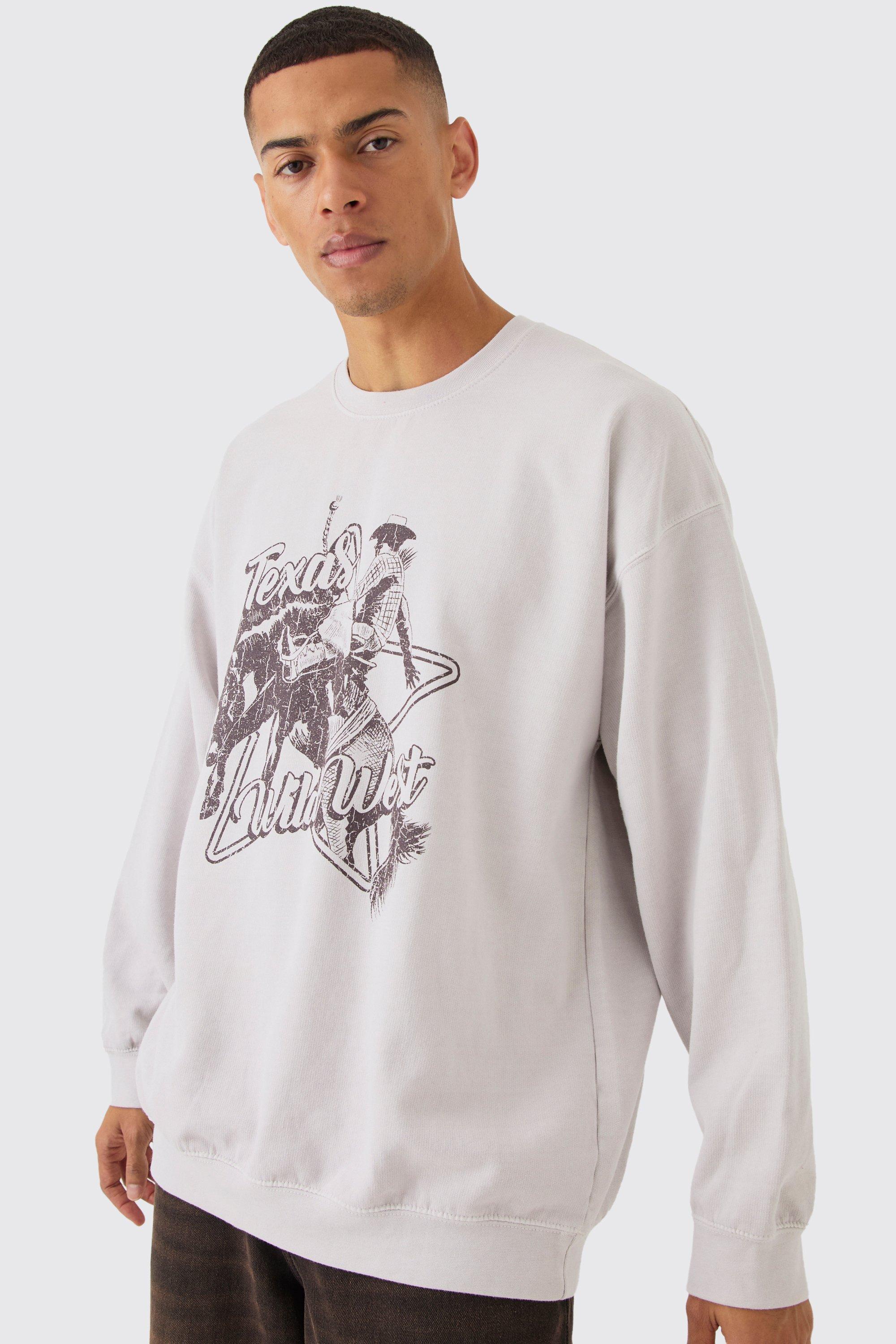 Felpa oversize pesante slavata con grafica Texas Western, Beige