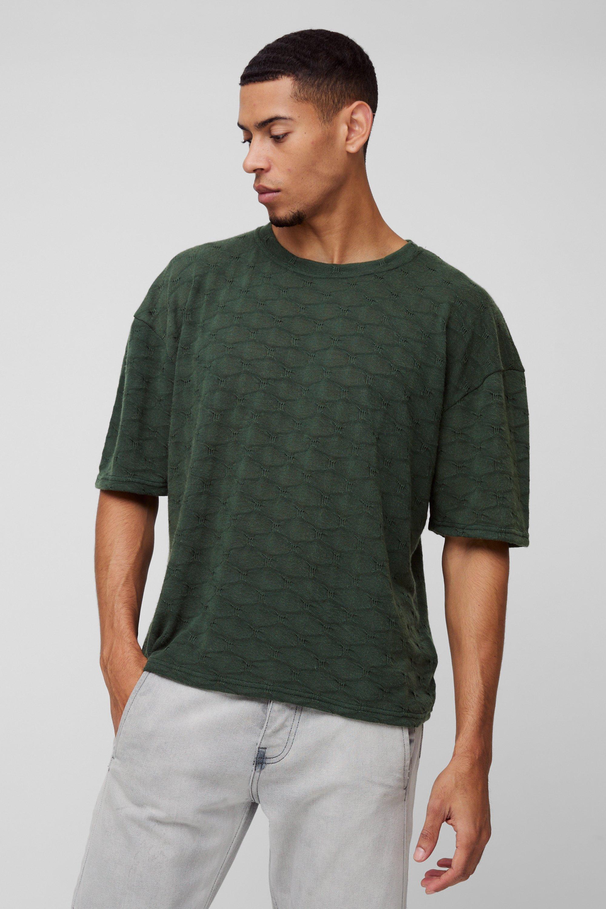 T-shirt squadrata oversize con trama, Verde