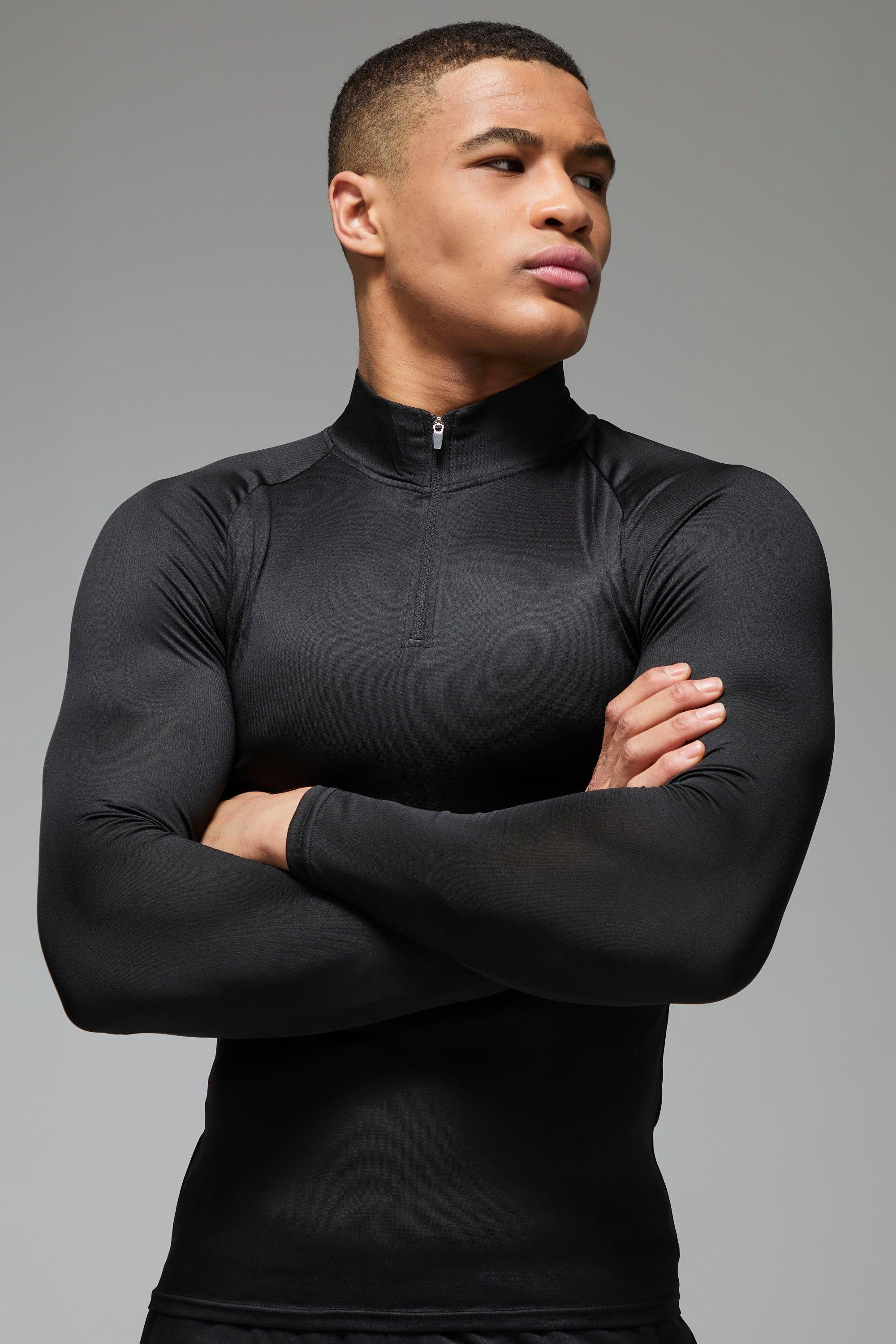 Mens Black Man Active Lightweight Essentials Gym Raglan Muscle Fit 1/4 Zip, Black