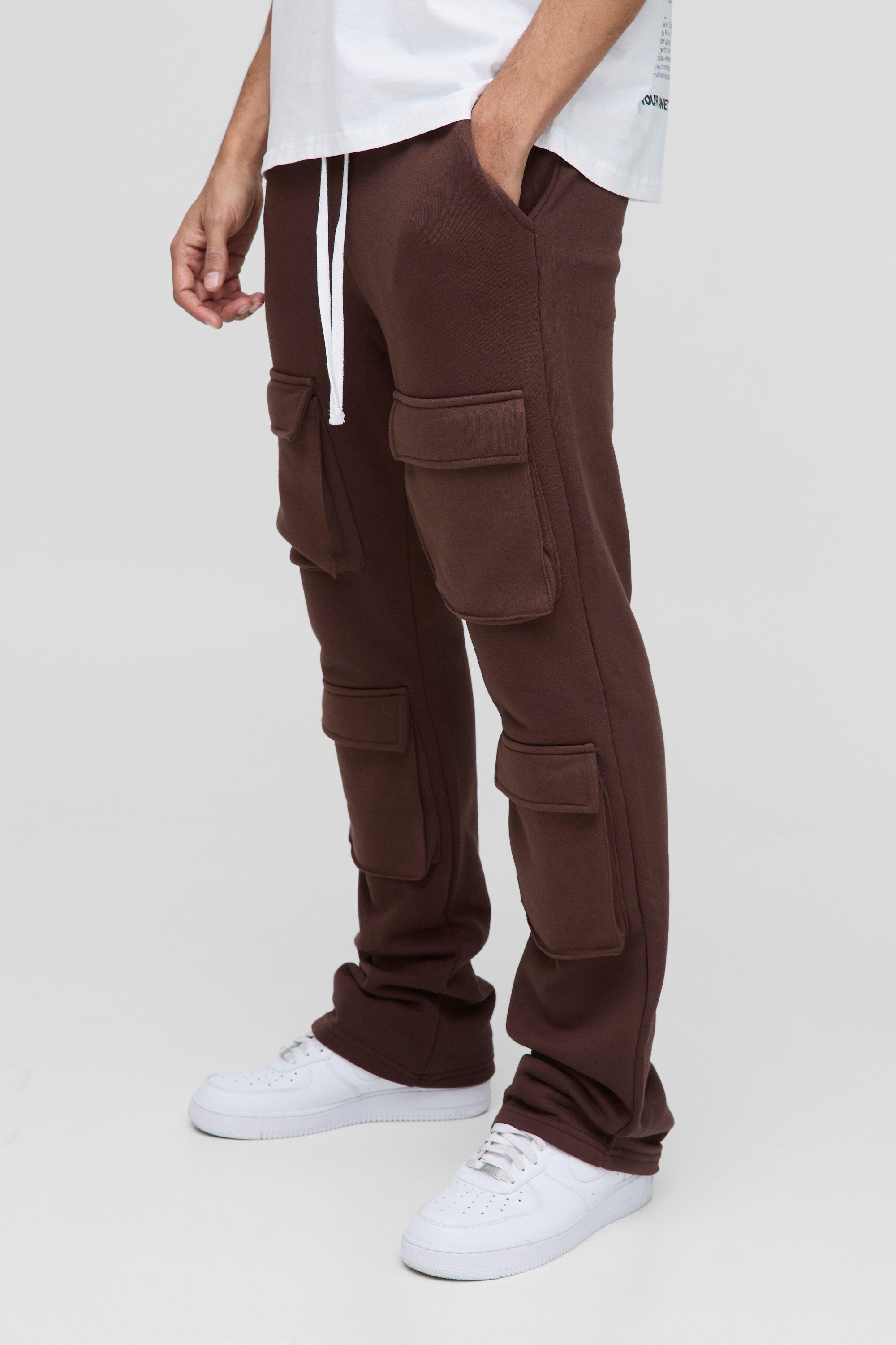 Pantaloni tuta Slim Fit con tasche a zampa, inserti e pieghe sul fondo, Brown