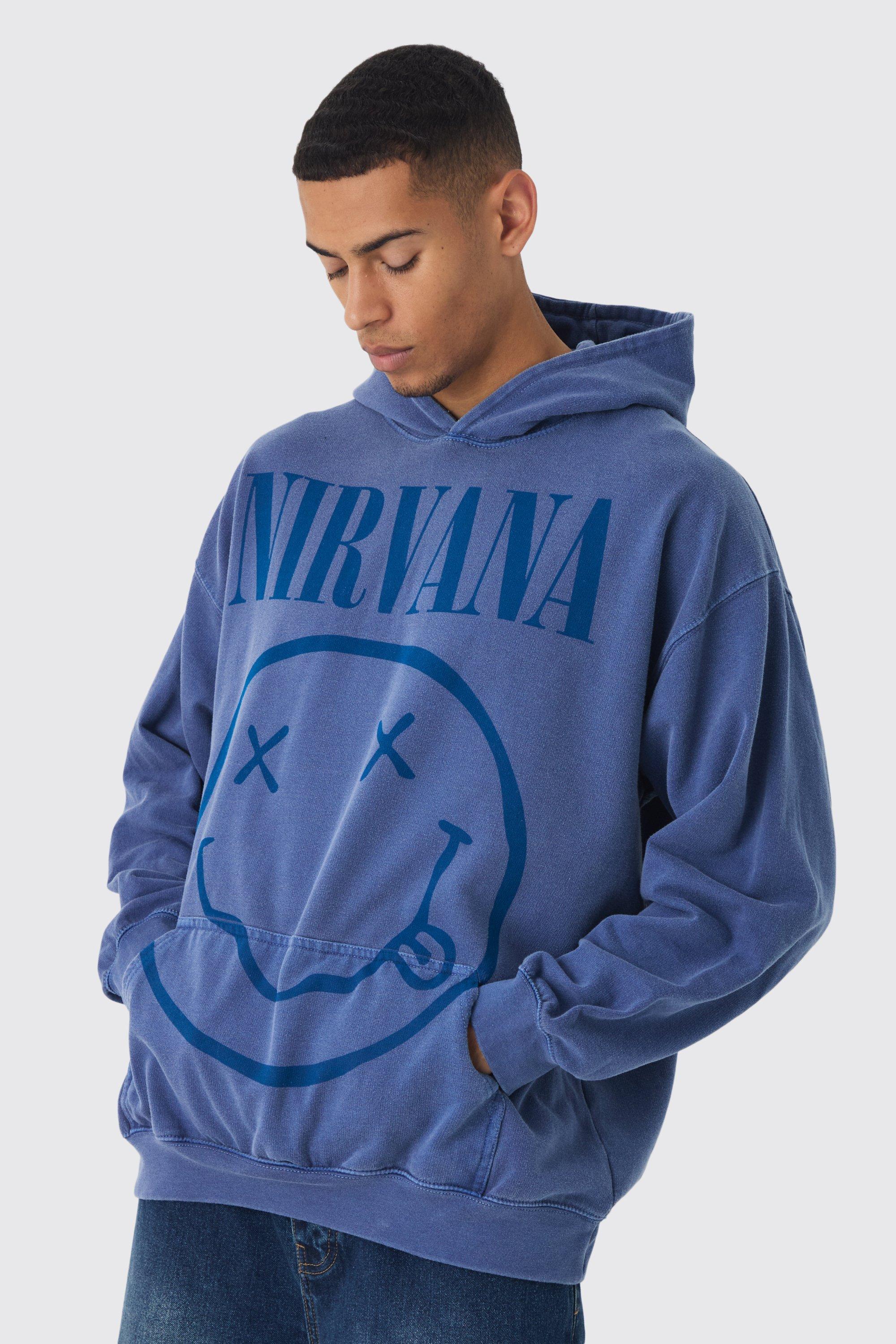 boohoo NIRVANA ニルヴァーナ ウォッシュプリント フーディ BLUE Men's Nirvana Hoodies | boohooMAN USA