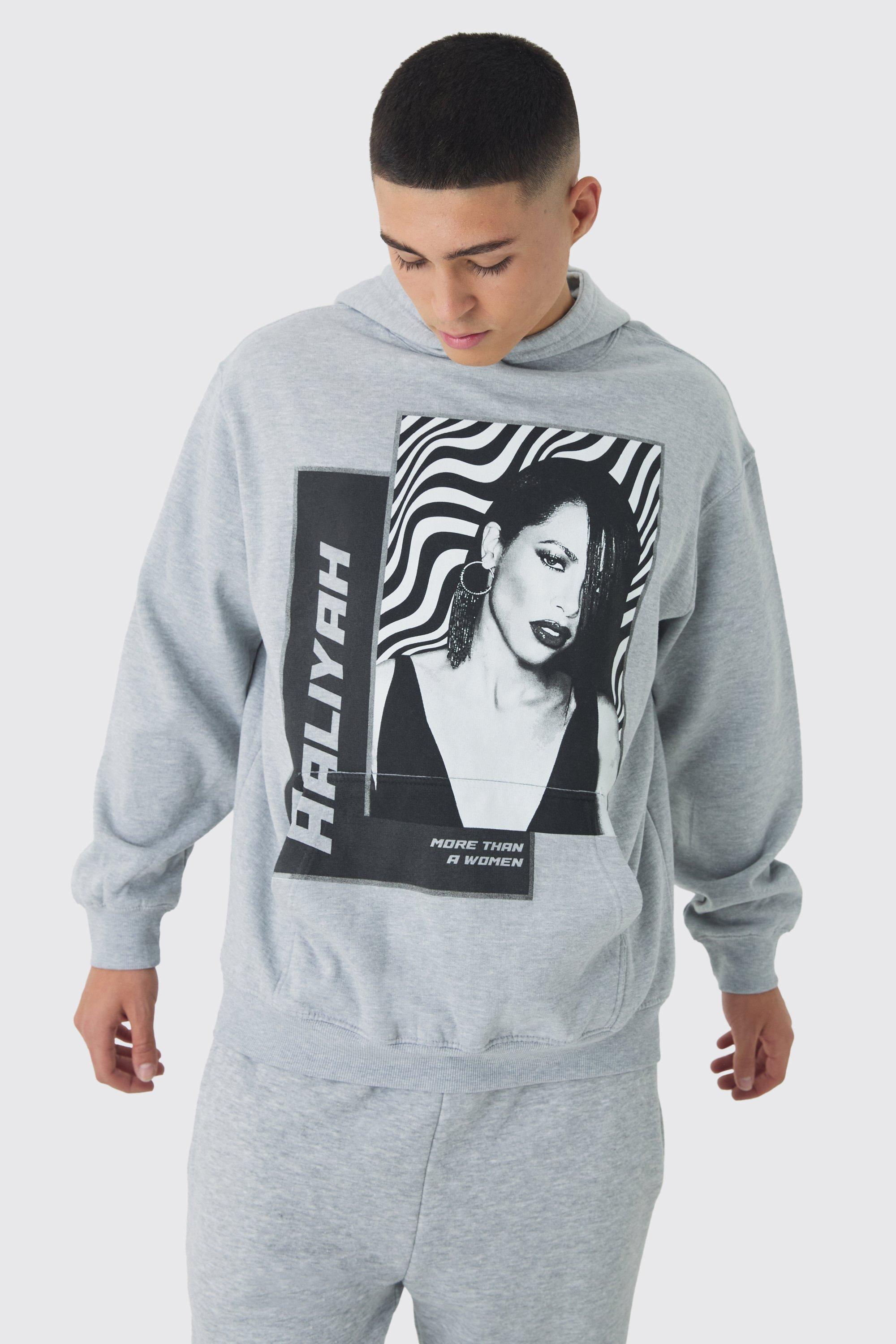 Felpa oversize ufficiale con stampa Aaliyah e cappuccio, Grigio