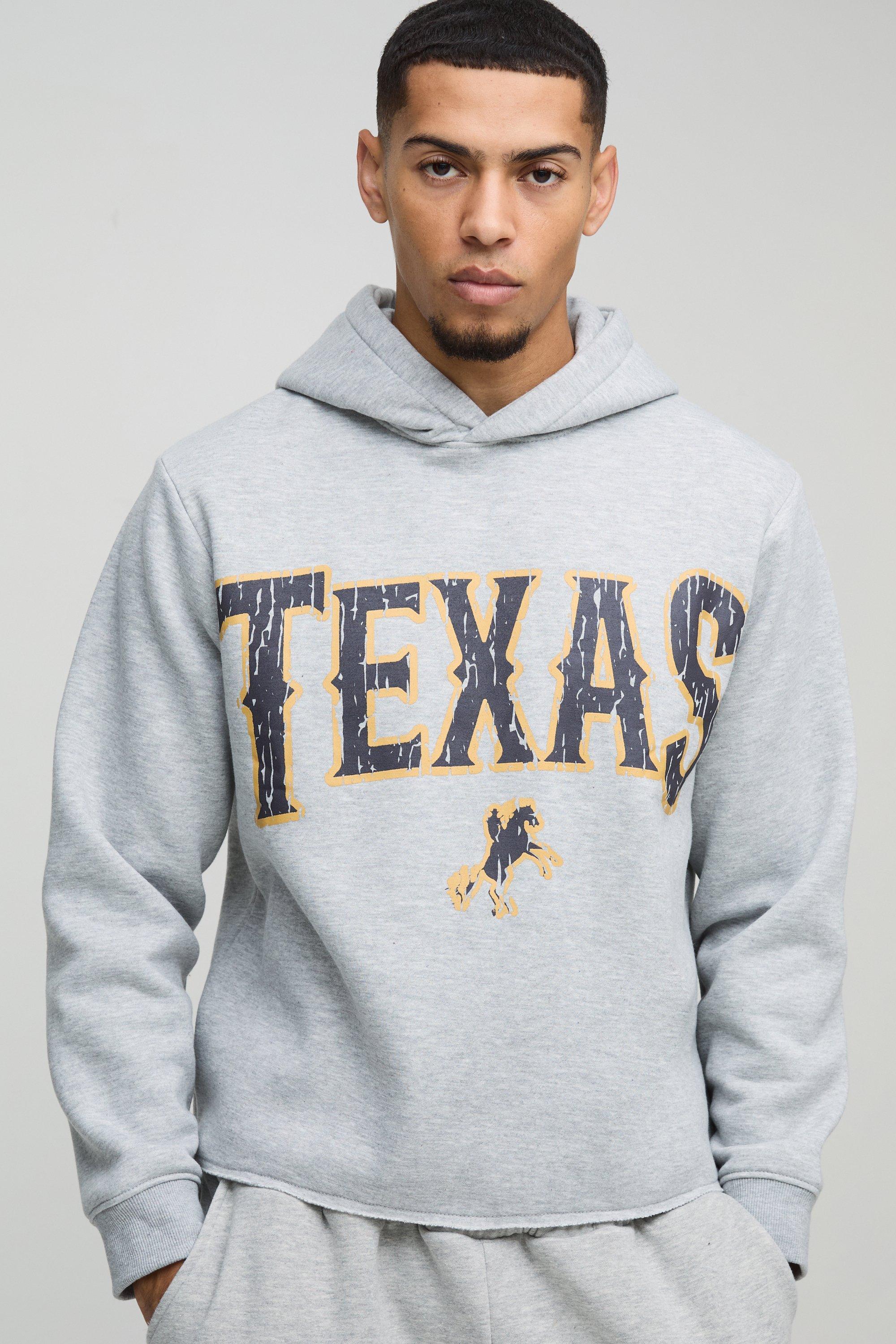 Mens Grey Boxy Marl Raw Hem Texas Western Hoodie, Grey