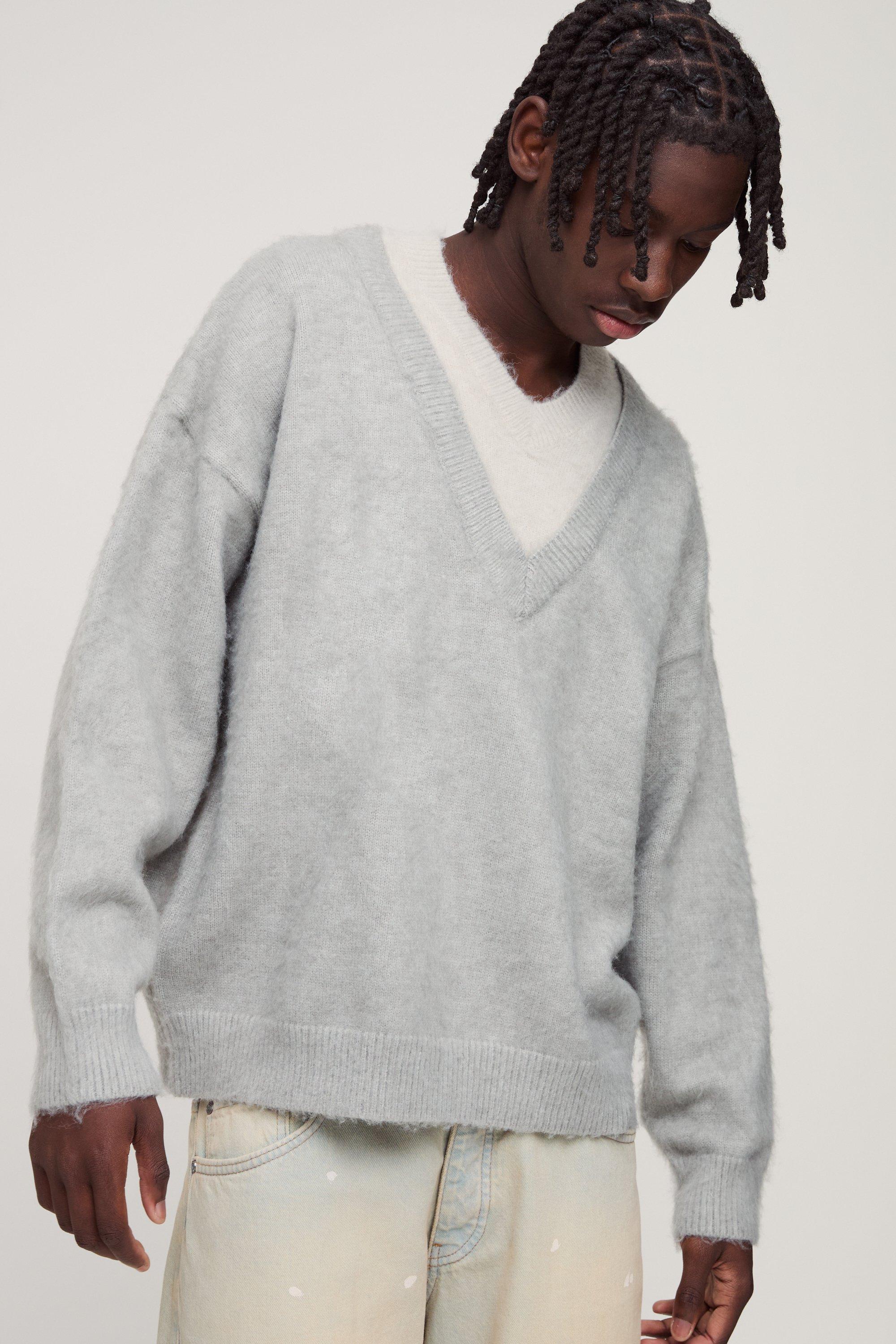 Mens Grey Oversized Double Layer Brushed Knitted Jumper, Grey