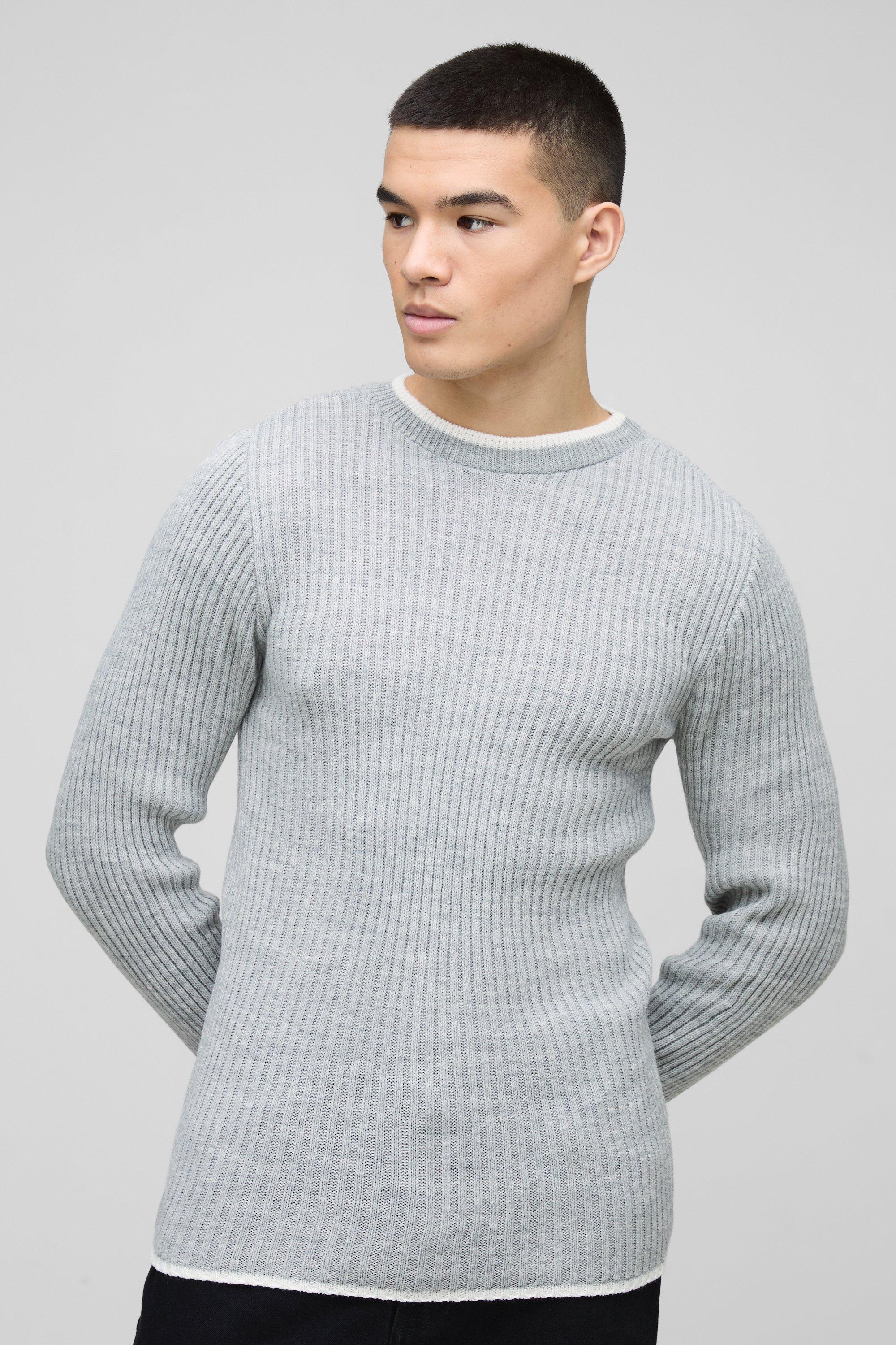 Maglione attillato in maglia a maniche lunghe in colori a contrasto, Grigio