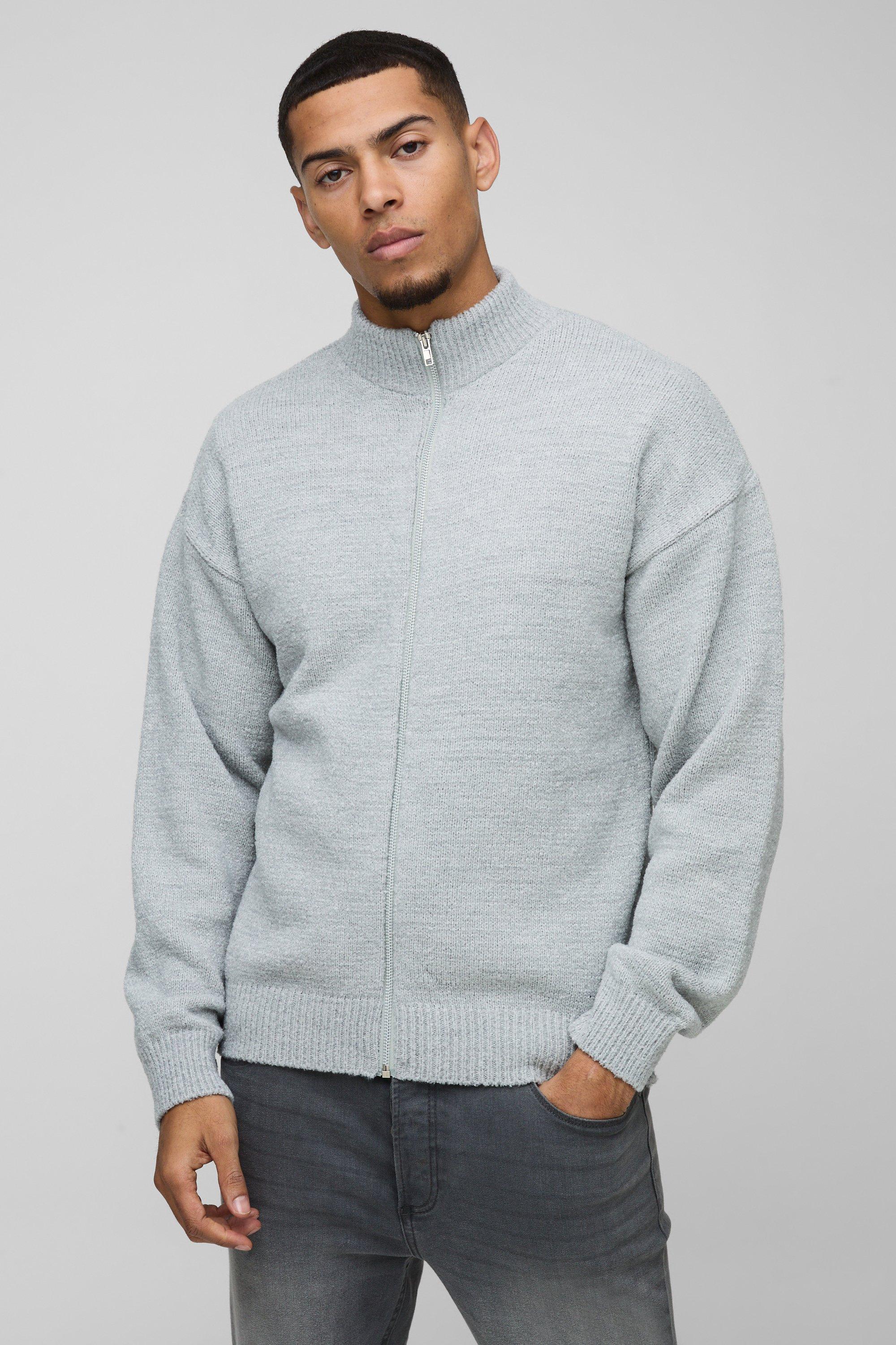 Mens Grey Relaxed Fit Boucle Zip Up Knitted Jumper, Grey