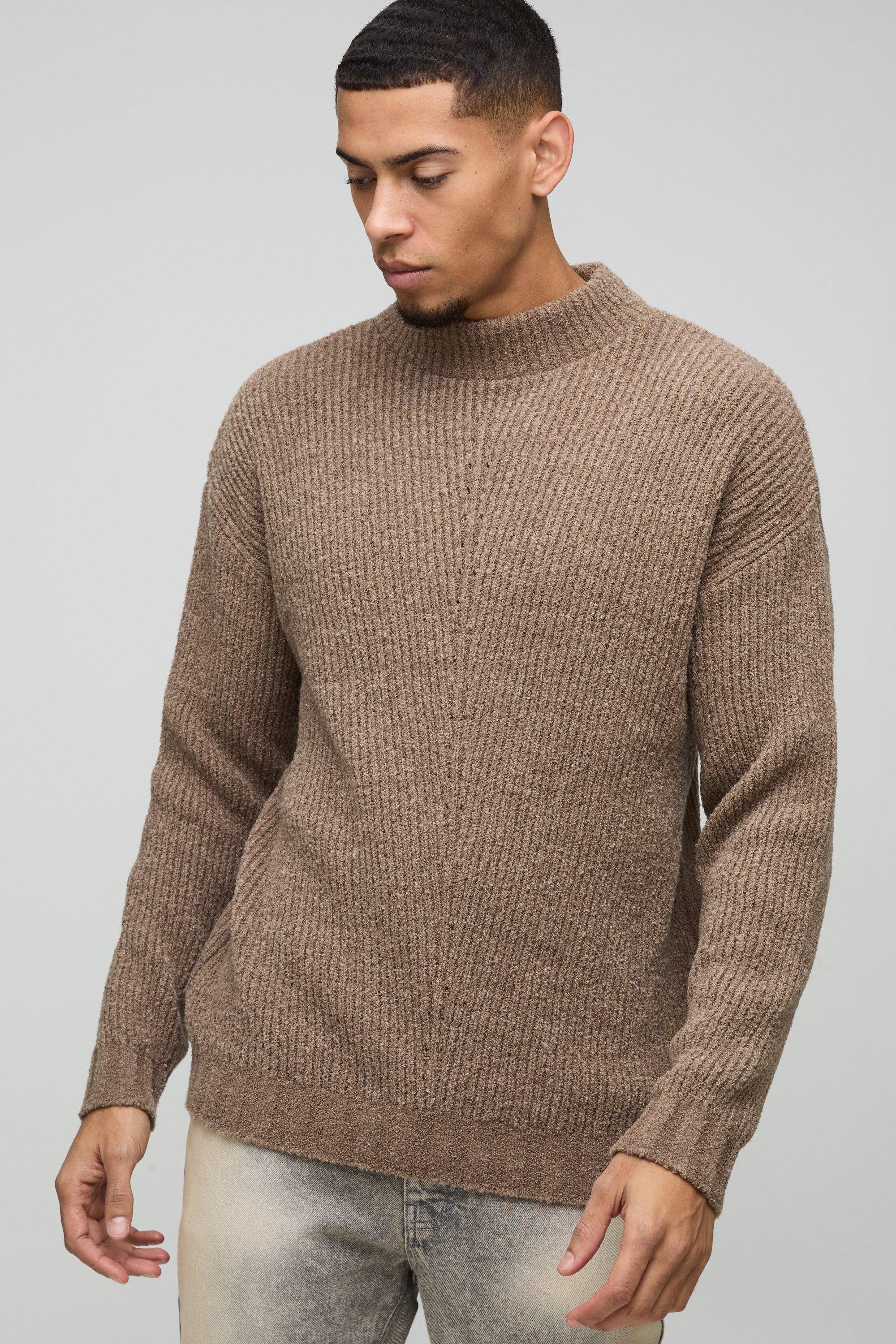 Maglione rilassato in maglia in bouclé con collo a imbuto, Brown