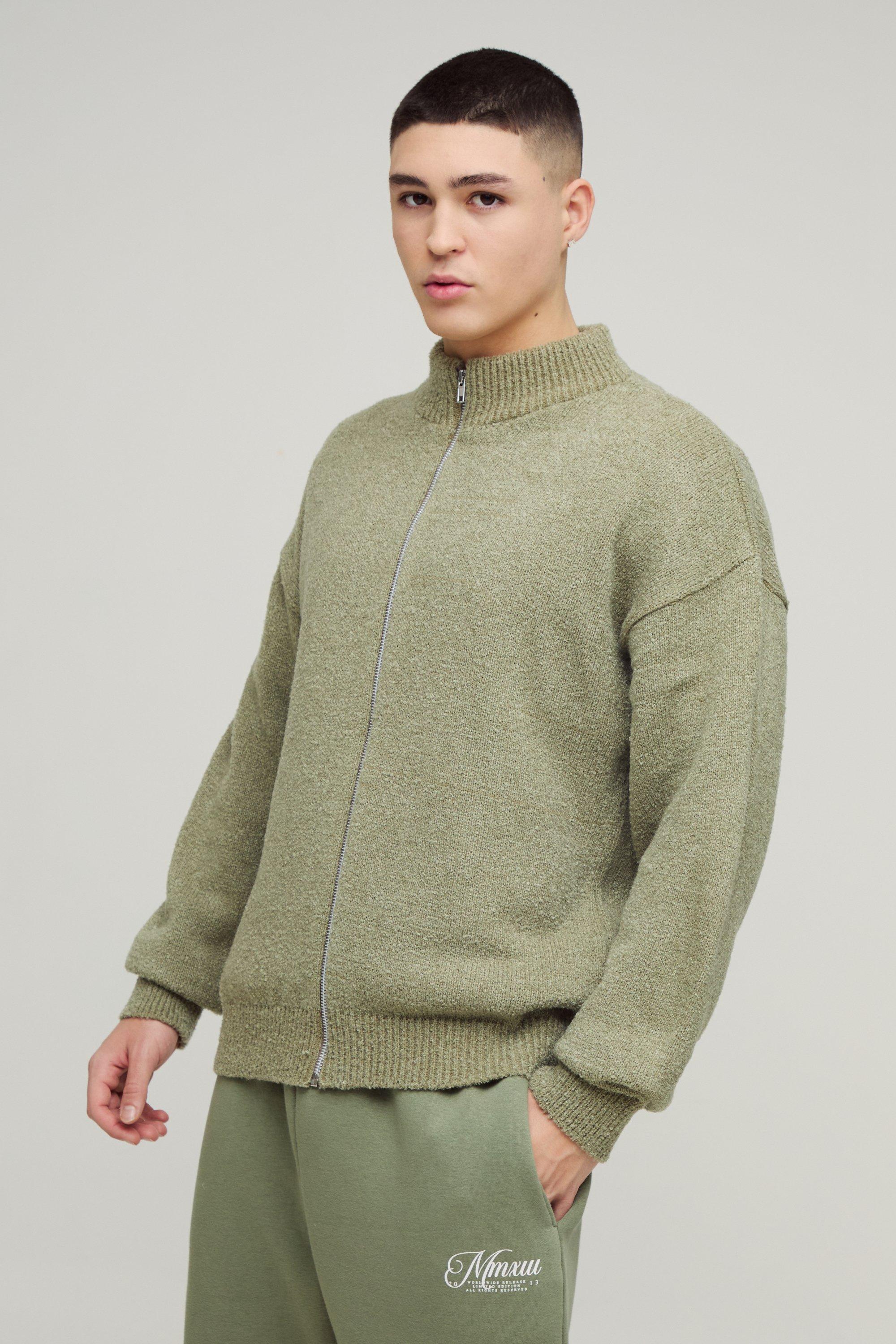 Maglione rilassato in maglia in bouclé con zip, Verde