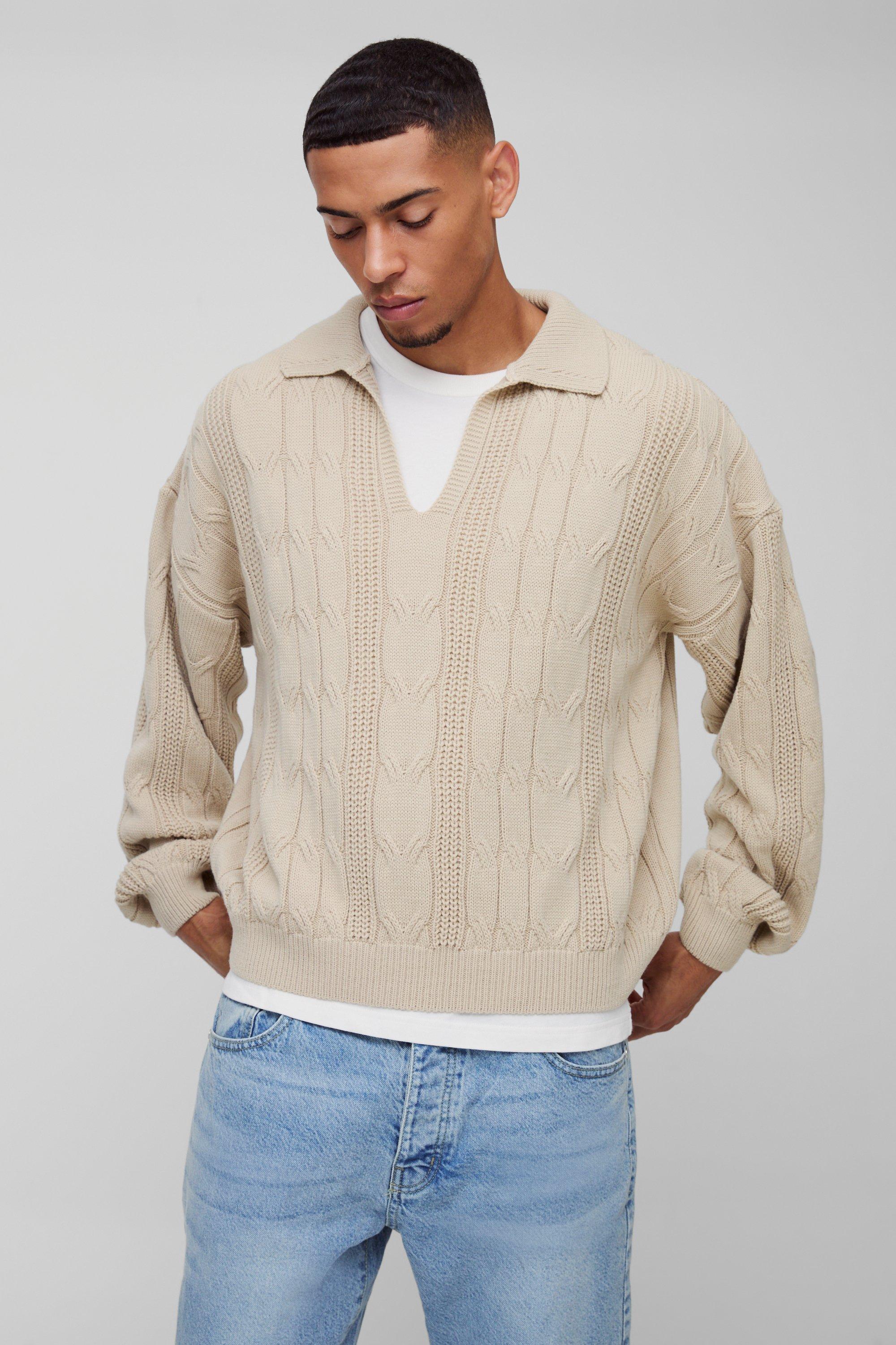 Maglione squadrato oversize in maglia intrecciata stile polo, Beige