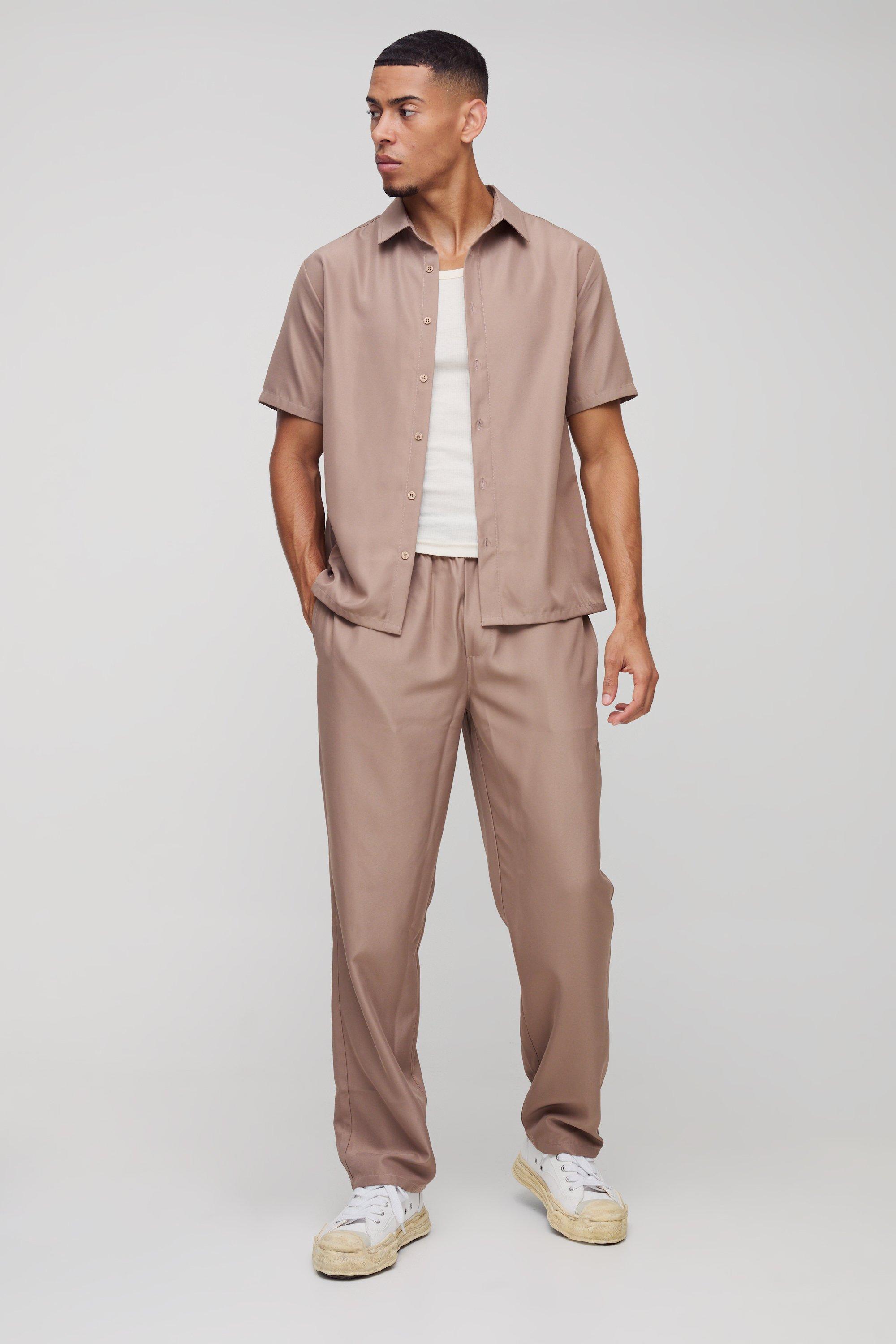 Mens Beige Short Sleeve Soft Twill Smart Shirt & Trouser Set, Beige