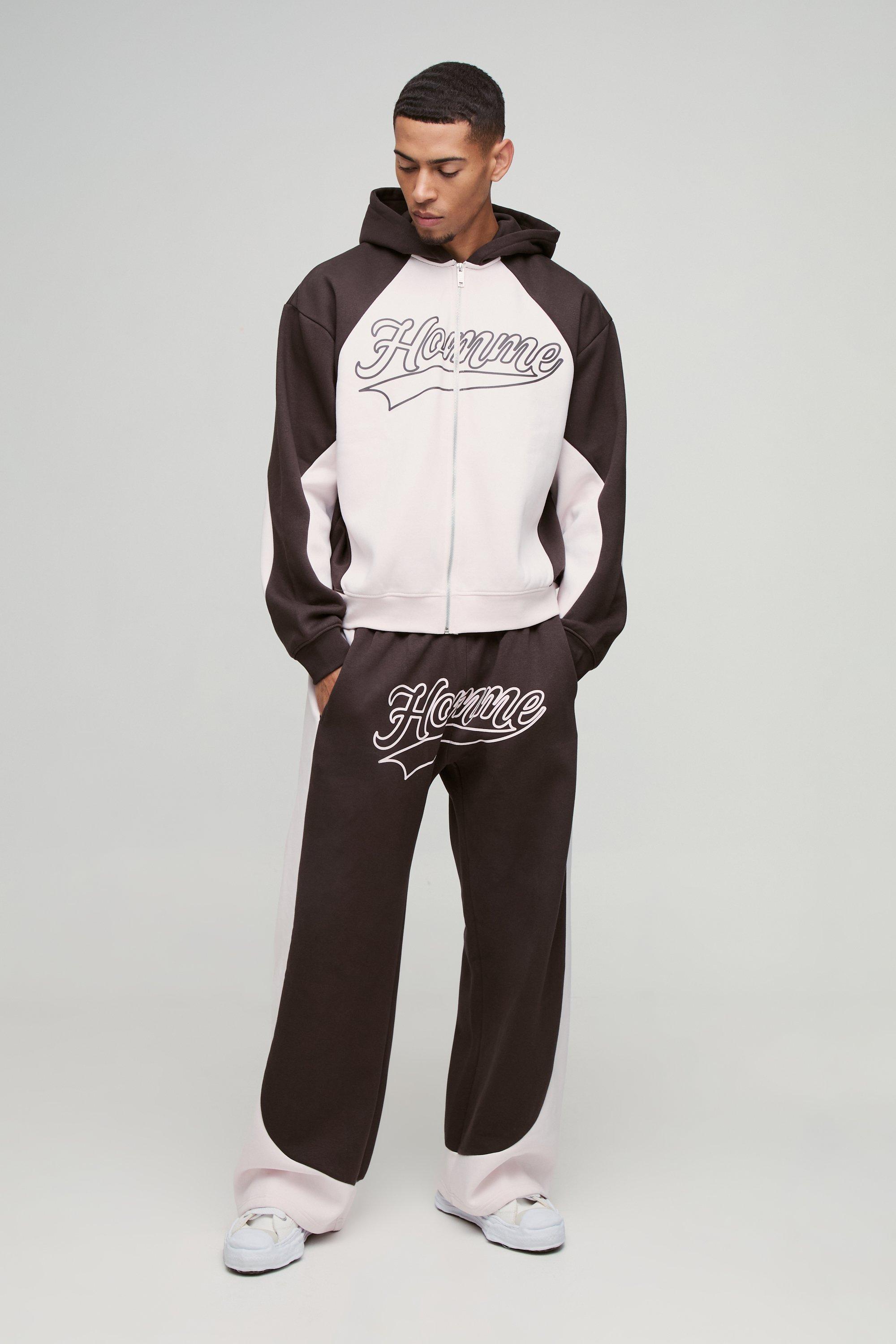 Mens Brown Oversized Boxy Colour Block Homme Printed Zip Through Tracksuit, Brown