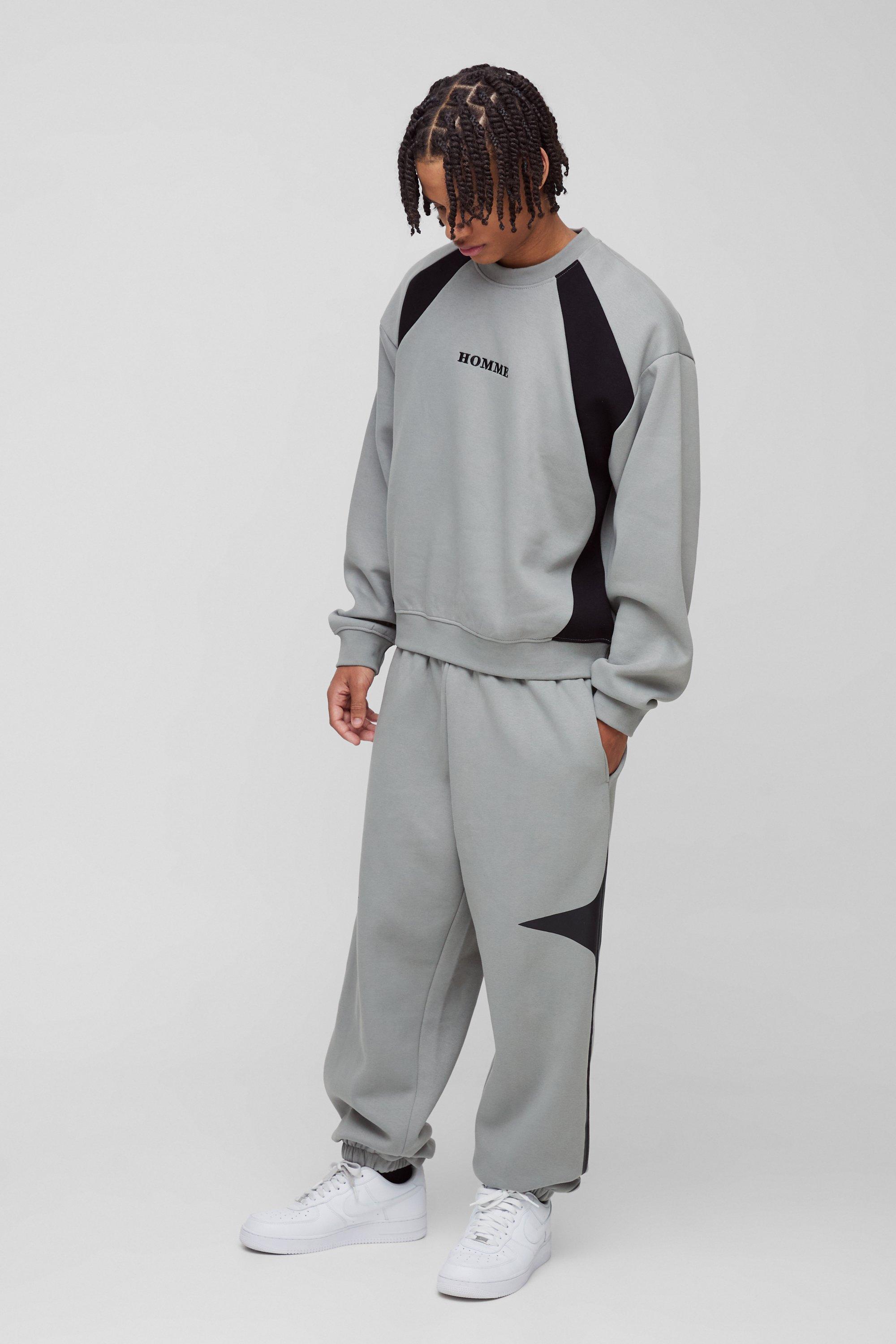 Tuta sportiva in felpa squadrata oversize a blocchi di colore con ricami Homme, Grigio