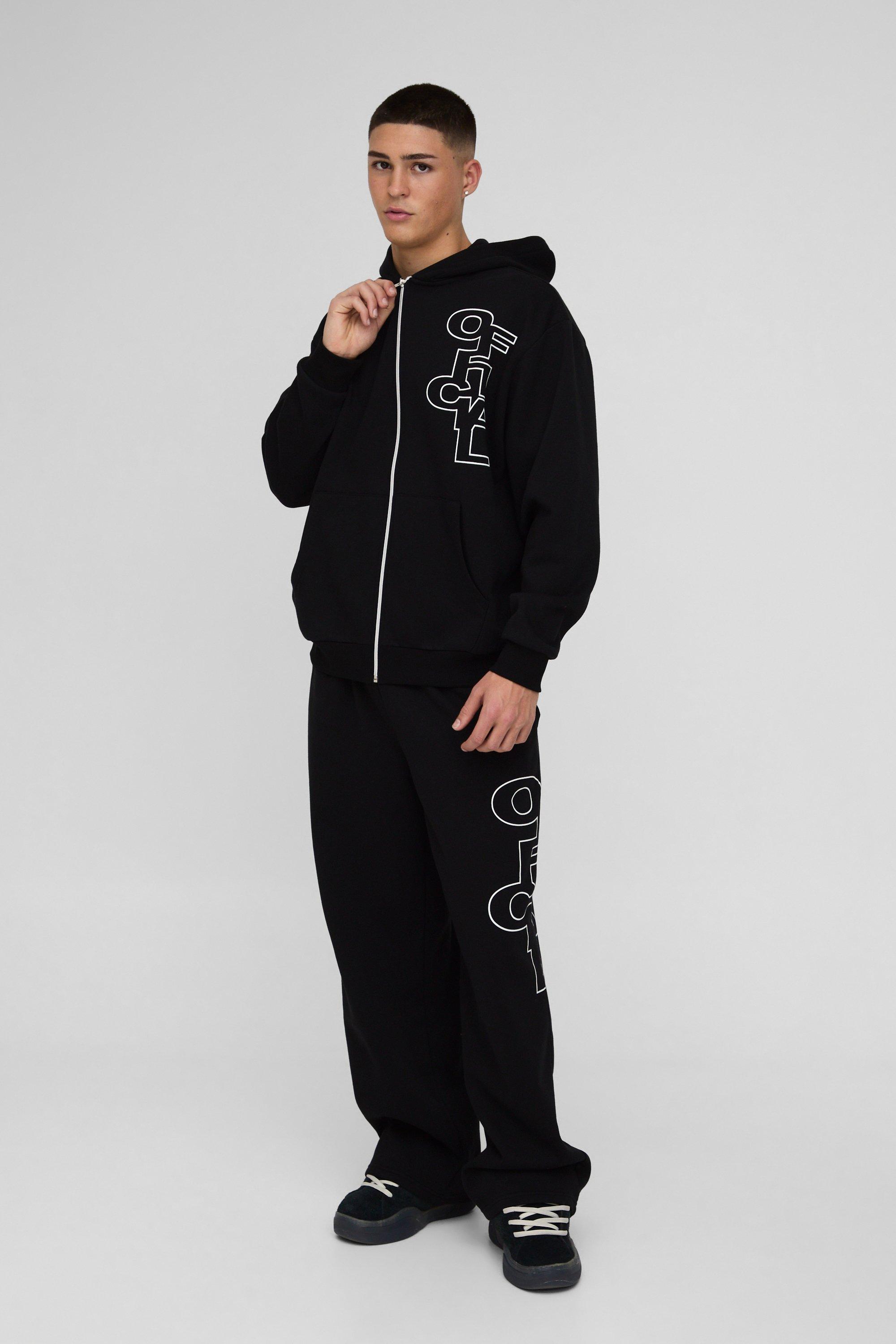 Tuta sportiva squadrata oversize Official Outline con zip e cappuccio, Nero