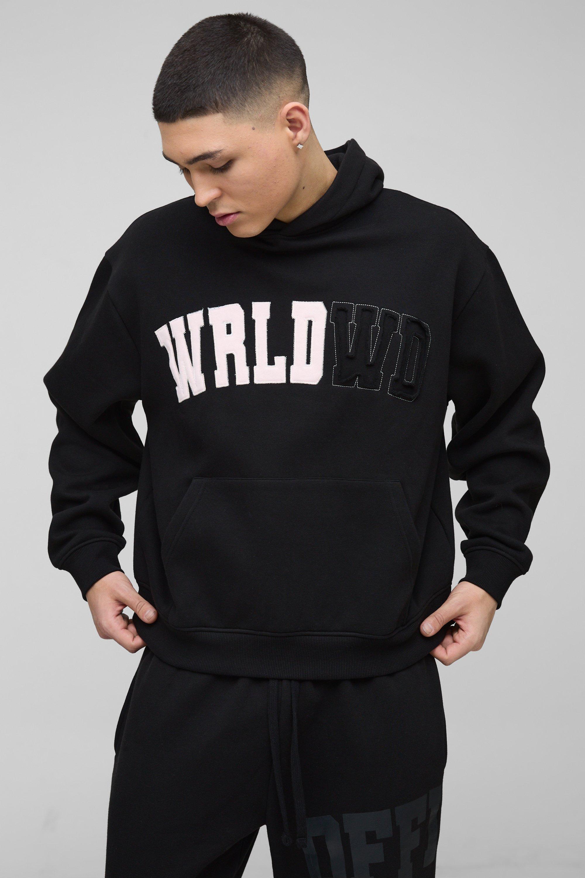 Mens Black Oversized Boxy Worldwide Distressed Applique Hoodie, Black