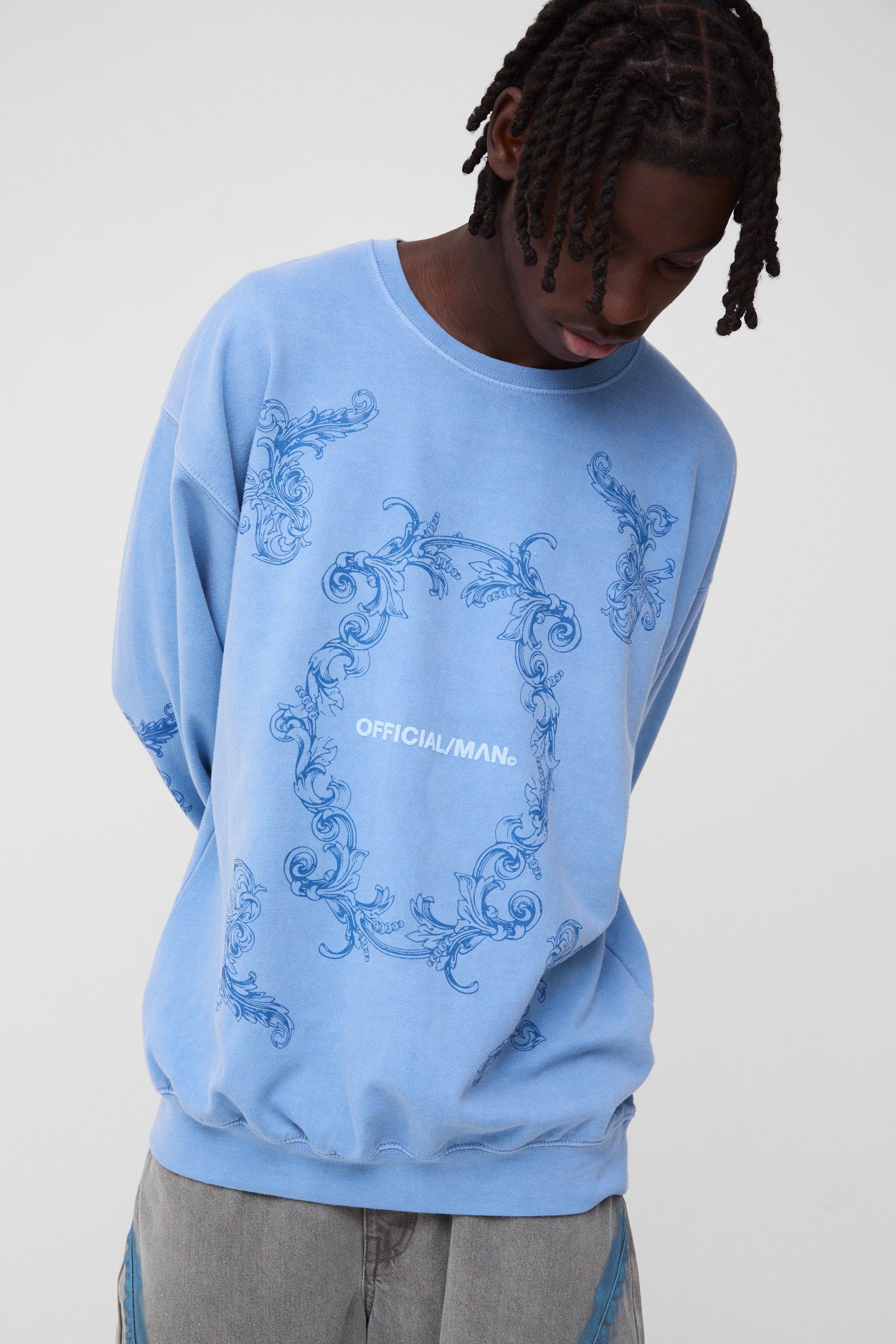 Felpa oversize slavata con grafica Official con stampa a caratteri arrotondati, Azzurro