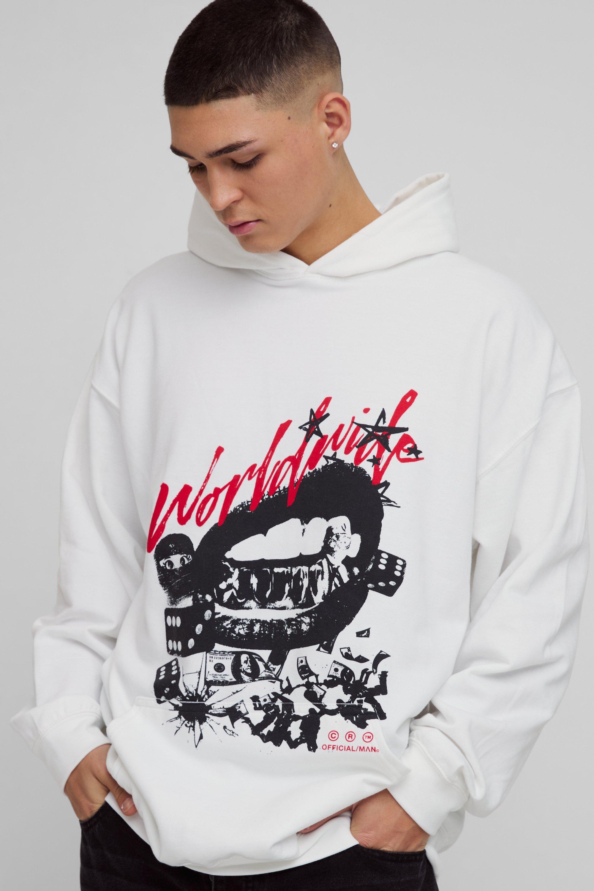 Felpa oversize con grafica Worldwide Money e cappuccio, Bianco