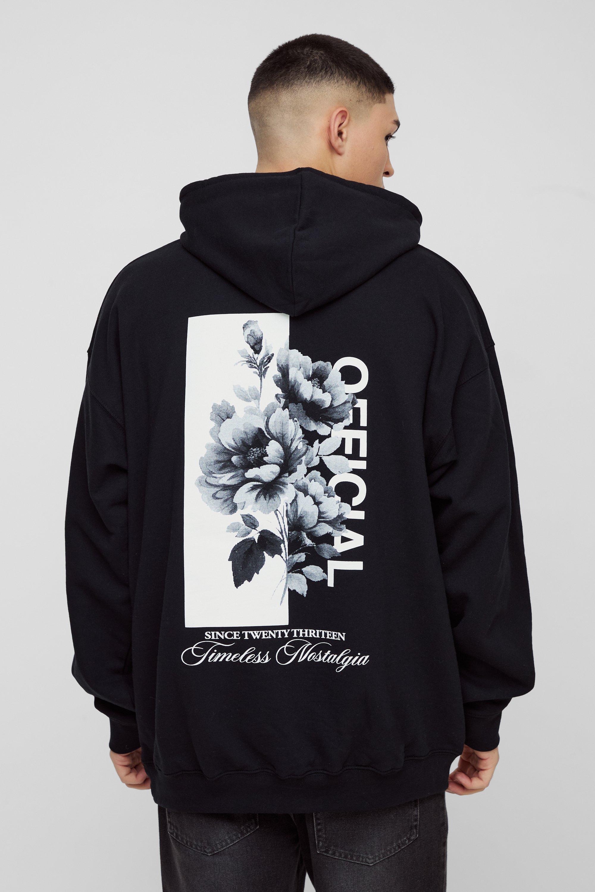 Felpa oversize con grafica a fiori e cappuccio, Nero