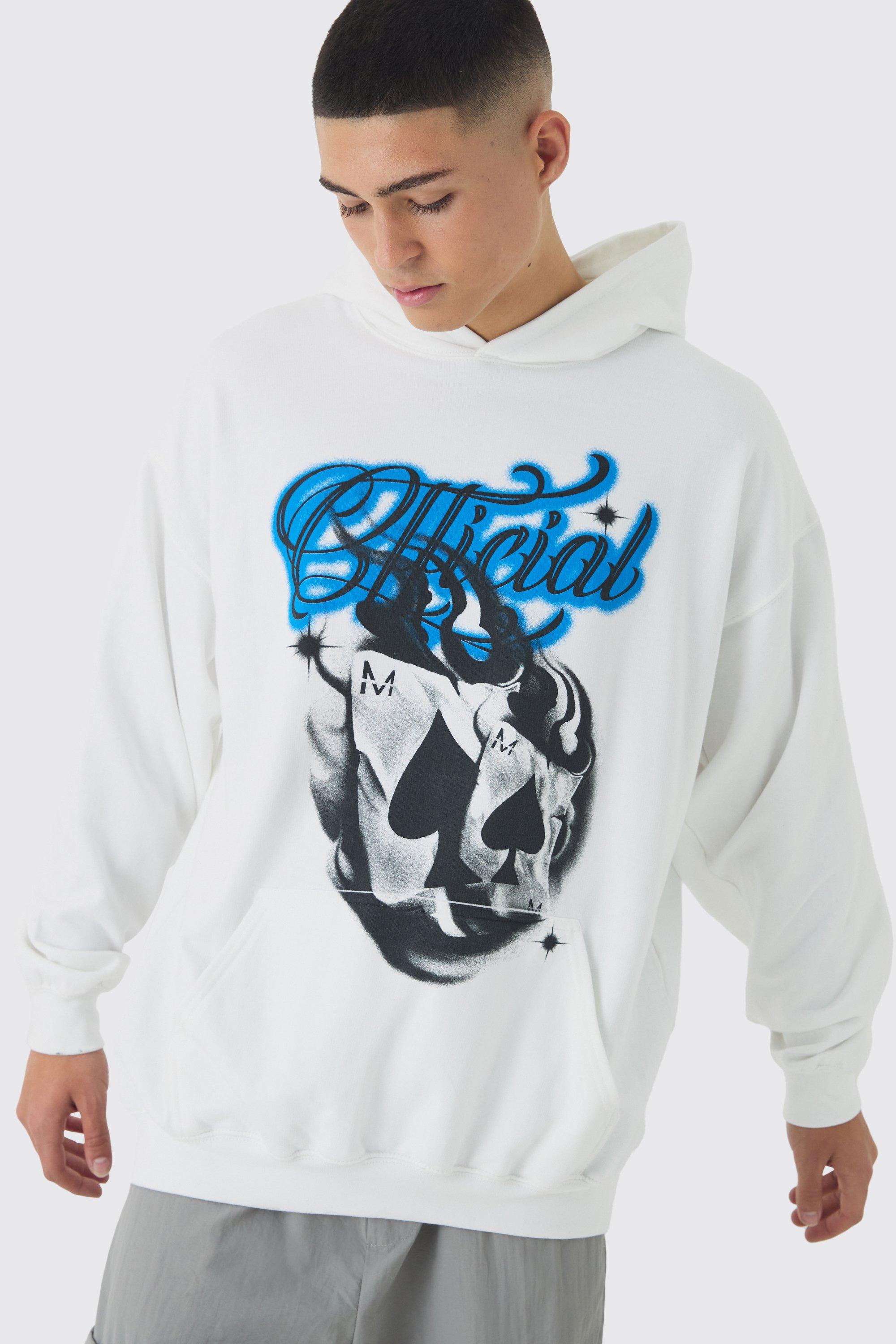 Mens White Oversized Official Cards Graphic Hoodie, White