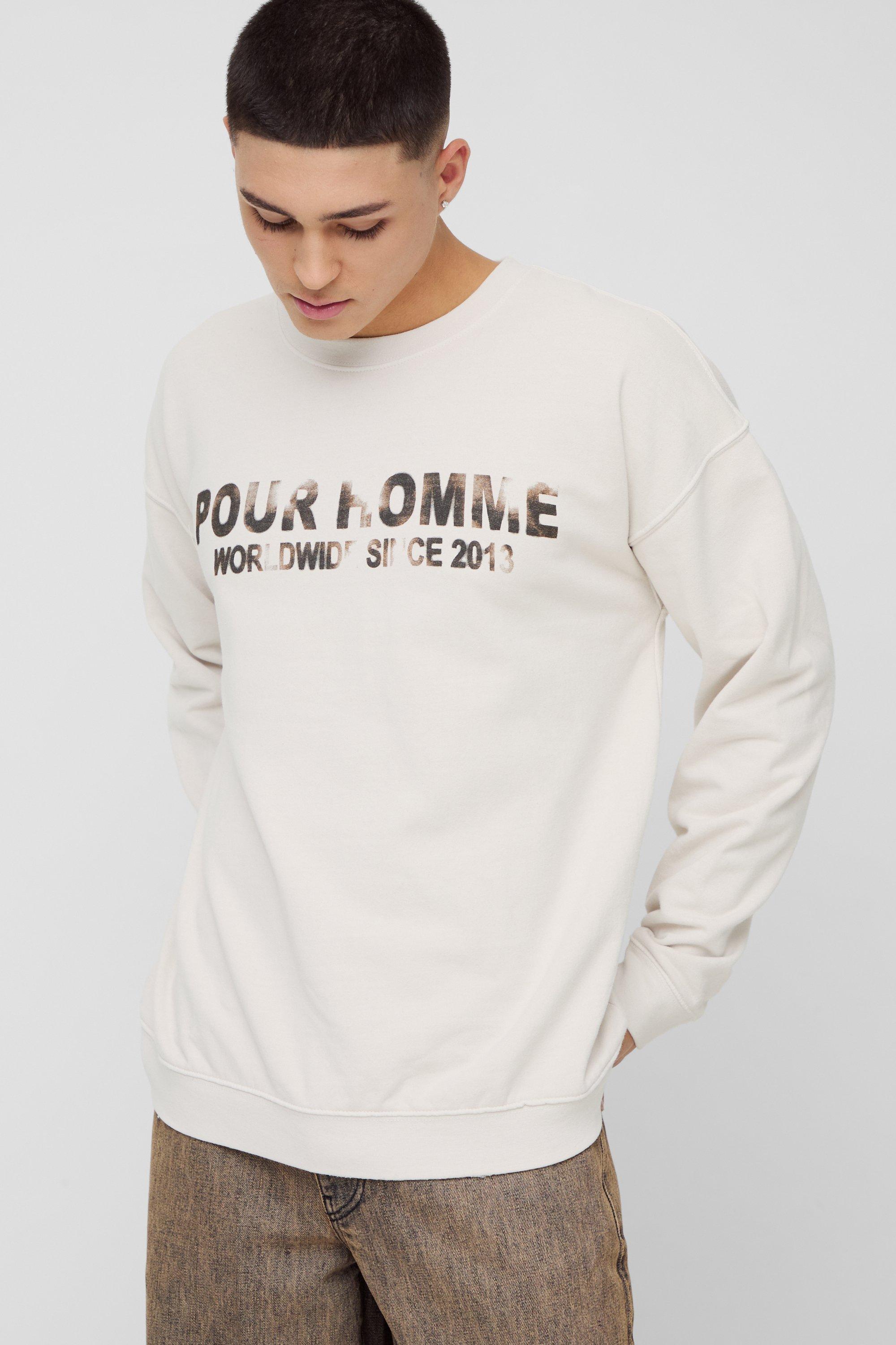 Felpa oversize con stampa di slogan vintage Pour Homme, Cream